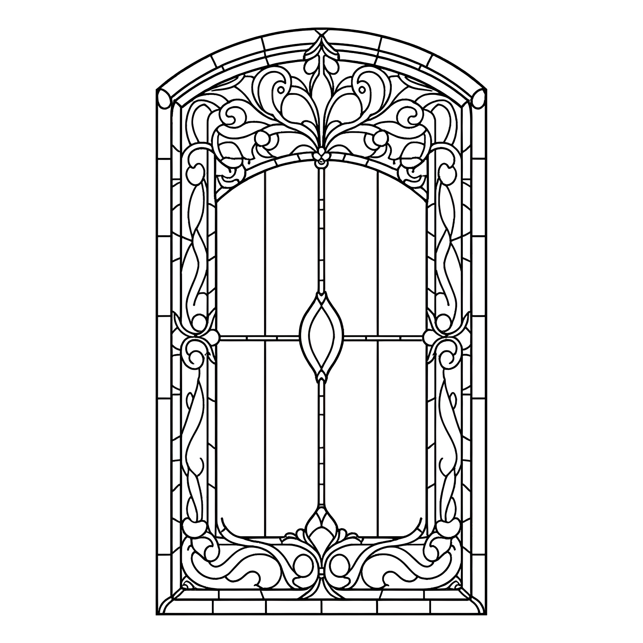 Stained Glass Window with Ornate Floral Designs Coloring Page (free black-and-white line drawing printable PDF for all, from beginners to advanced learners, including children, teens, adults, and seniors)