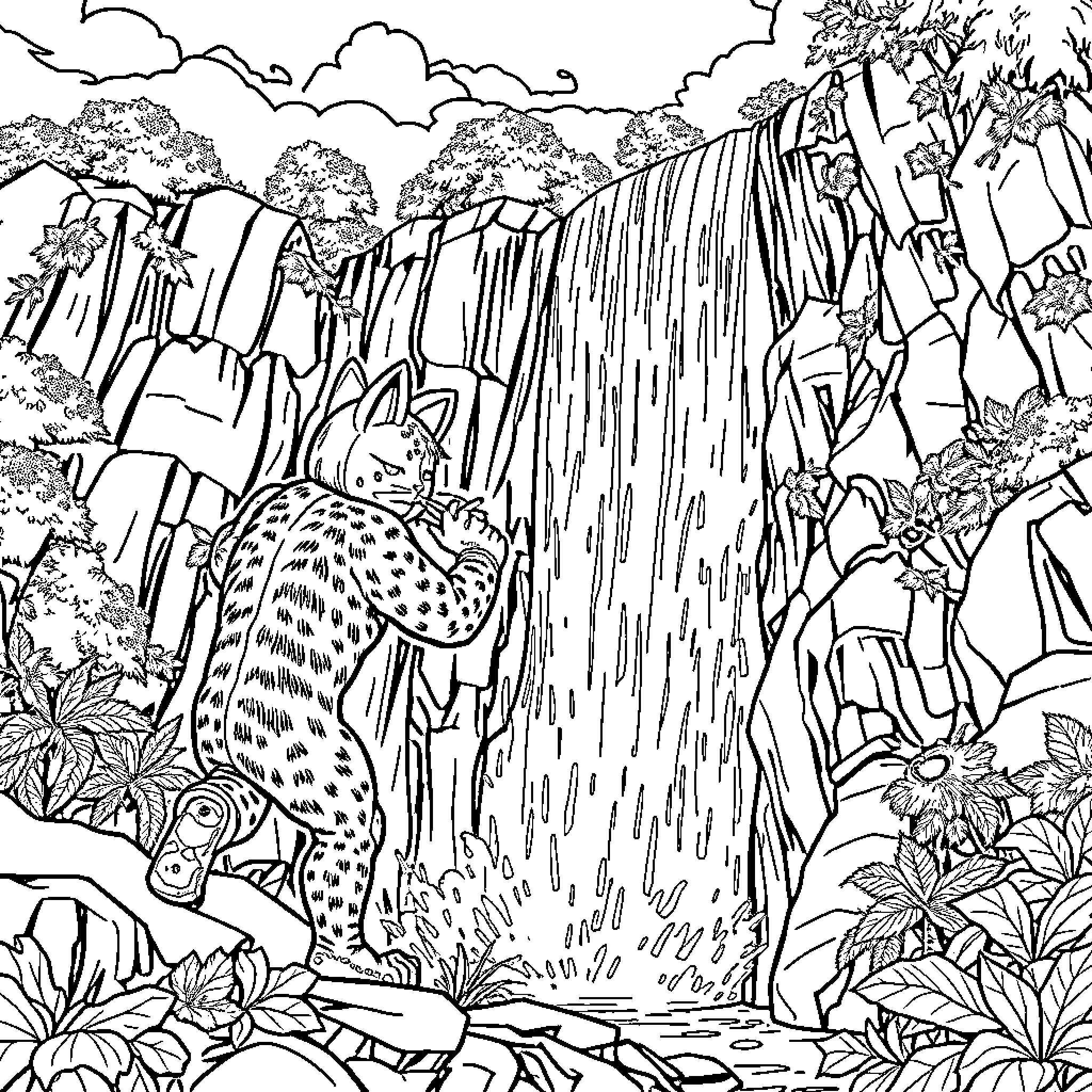 Lobezno observing the wondrous waterfall in the jungle Coloring Page (free black-and-white line drawing printable PDF for all, from beginners to advanced learners, including children, teens, adults, and seniors)