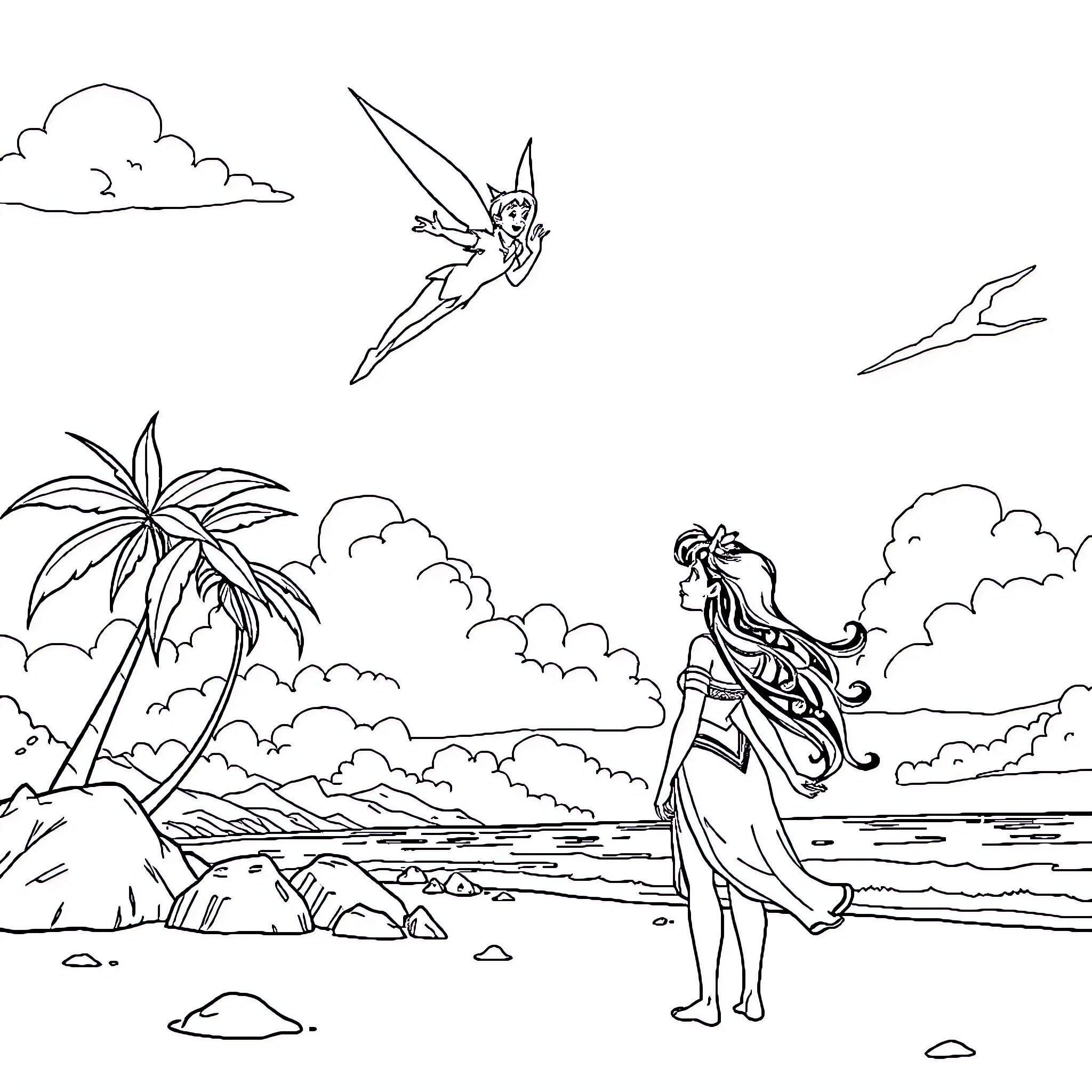 Peter Pan soaring over a tropical beach scene Coloring Page (free black-and-white line drawing printable PDF for all, from beginners to advanced learners, including children, teens, adults, and seniors)