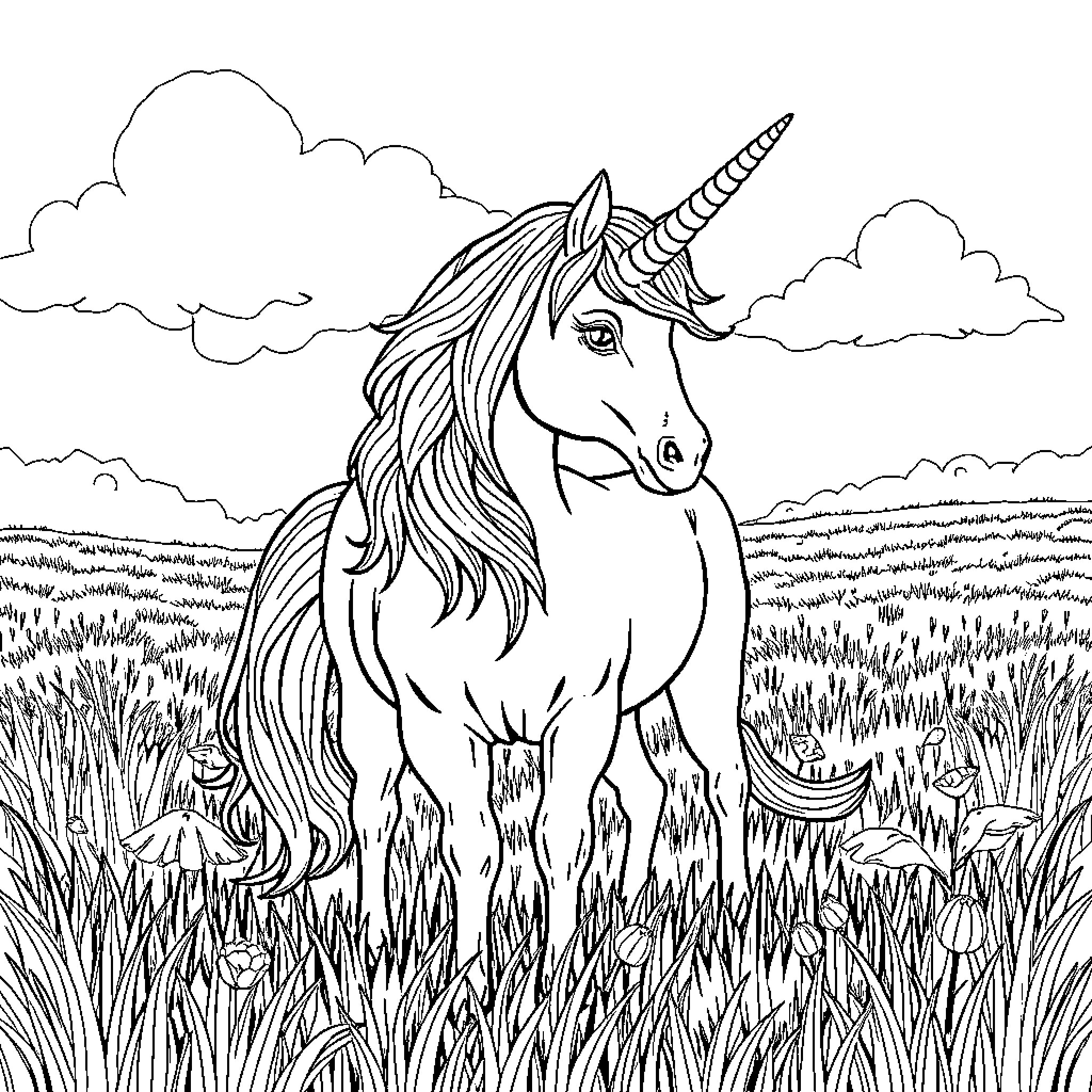 Unicorn standing majestically in a mystical field Coloring Page (free black-and-white line drawing printable PDF for all, from beginners to advanced learners, including children, teens, adults, and seniors)