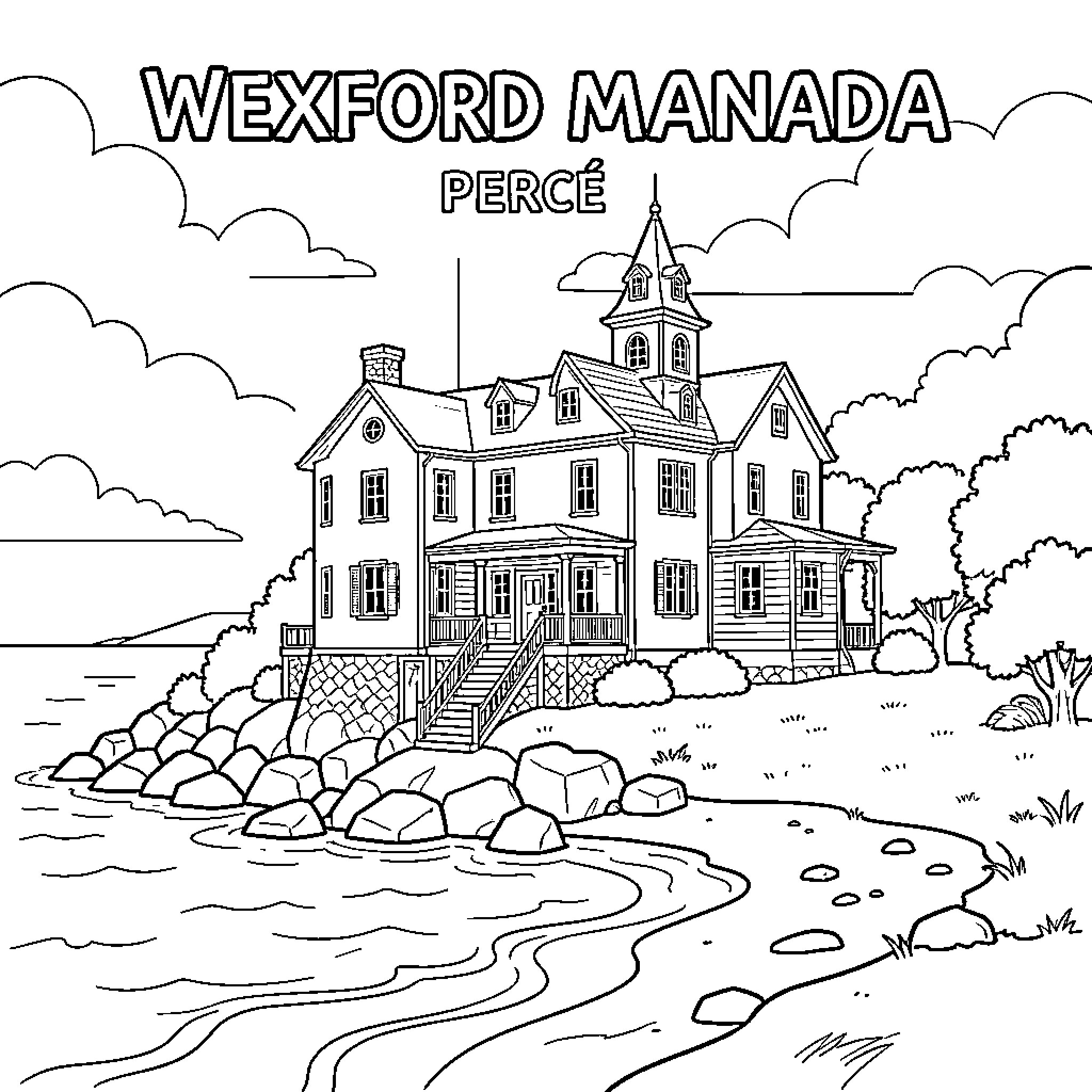 Manor standing peacefully by the rocky shoreline Coloring Page (free black-and-white line drawing printable PDF for all, from beginners to advanced learners, including children, teens, adults, and seniors)