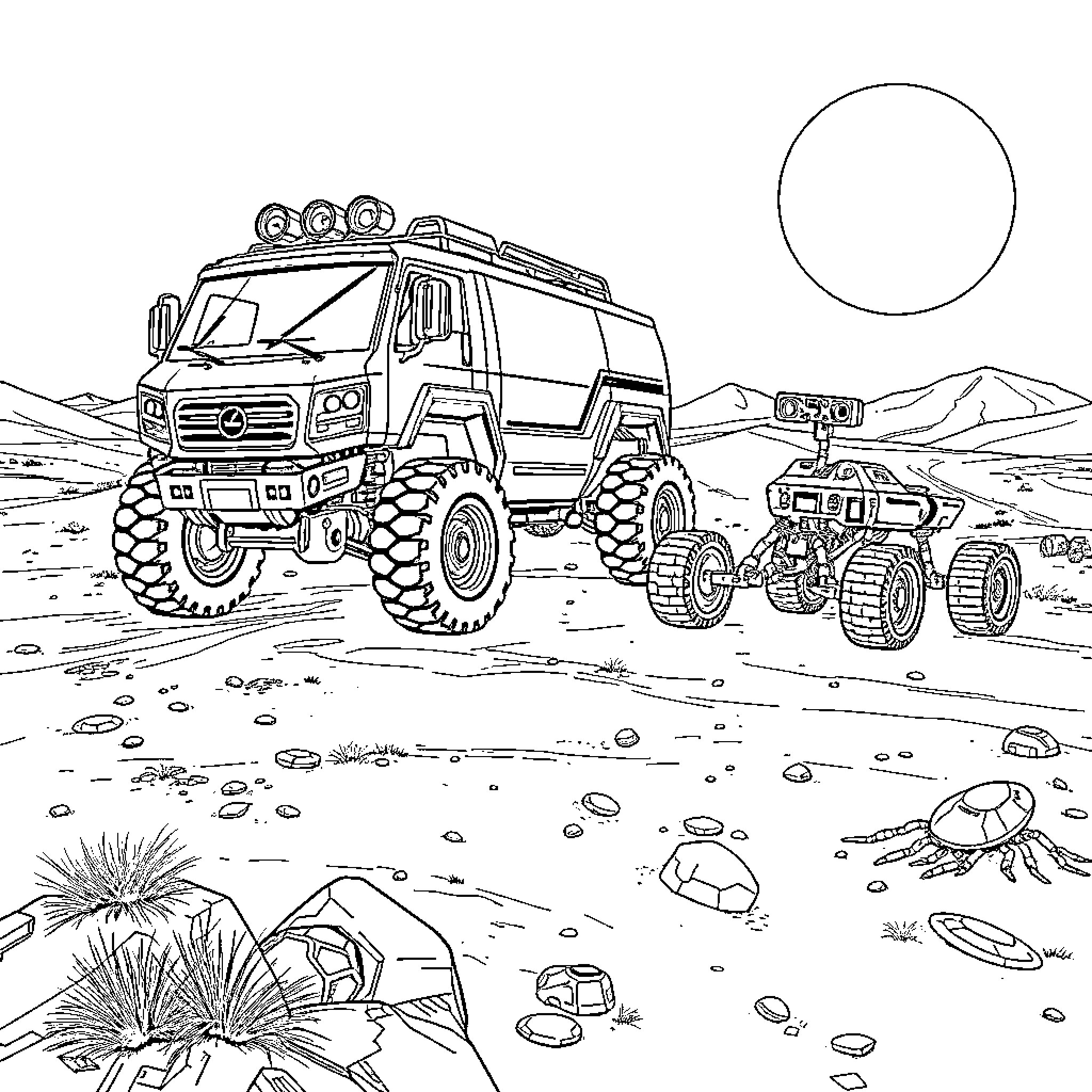 Cybertruck off-road vehicles navigating a rugged desert landscape Coloring Page (free black-and-white line drawing printable PDF for all, from beginners to advanced learners, including children, teens, adults, and seniors)