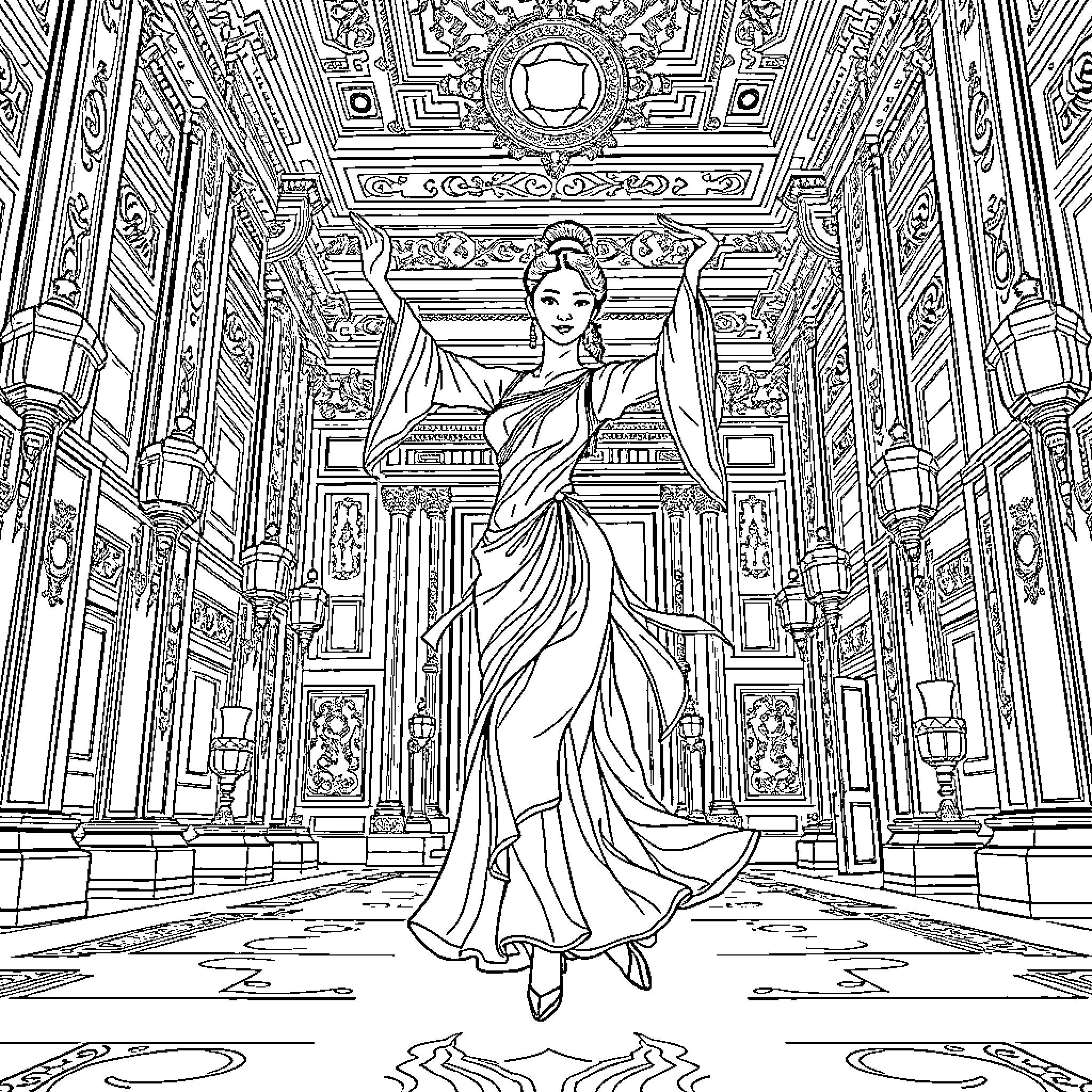 Dancer gracefully performing in an ornate temple Coloring Page (free black-and-white line drawing printable PDF for all, from beginners to advanced learners, including children, teens, adults, and seniors)