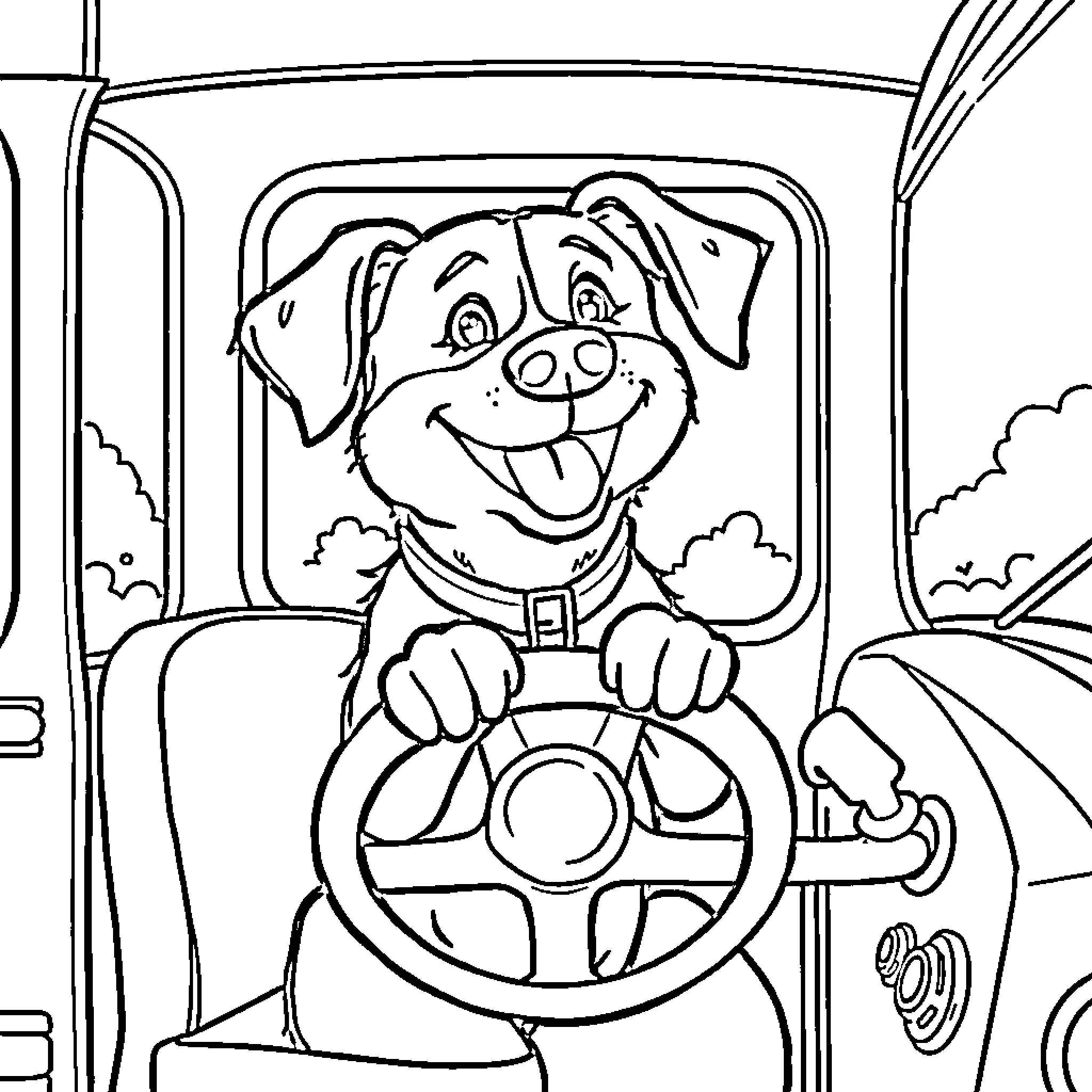 Dog Happily Driving Cartoon Car Coloring Page (free black-and-white line drawing printable PDF for all, from beginners to advanced learners, including children, teens, adults, and seniors)