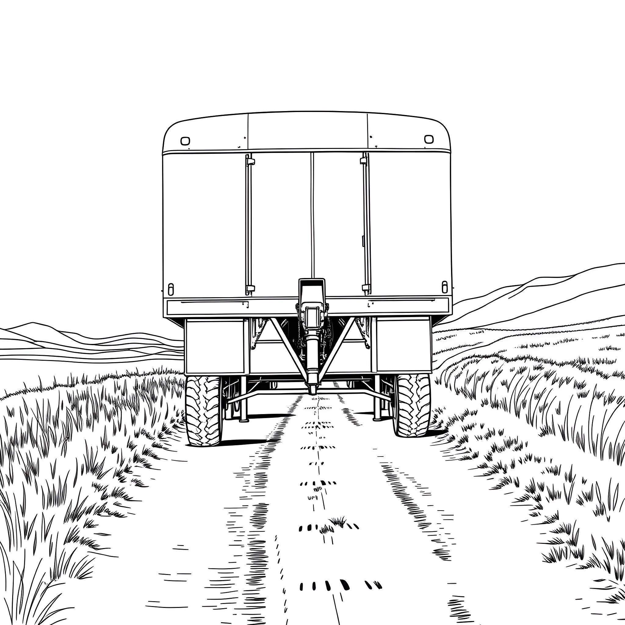 Gooseneck Trailer Loaded on Rural Road Coloring Page (free black-and-white line drawing printable PDF for all, from beginners to advanced learners, including children, teens, adults, and seniors)