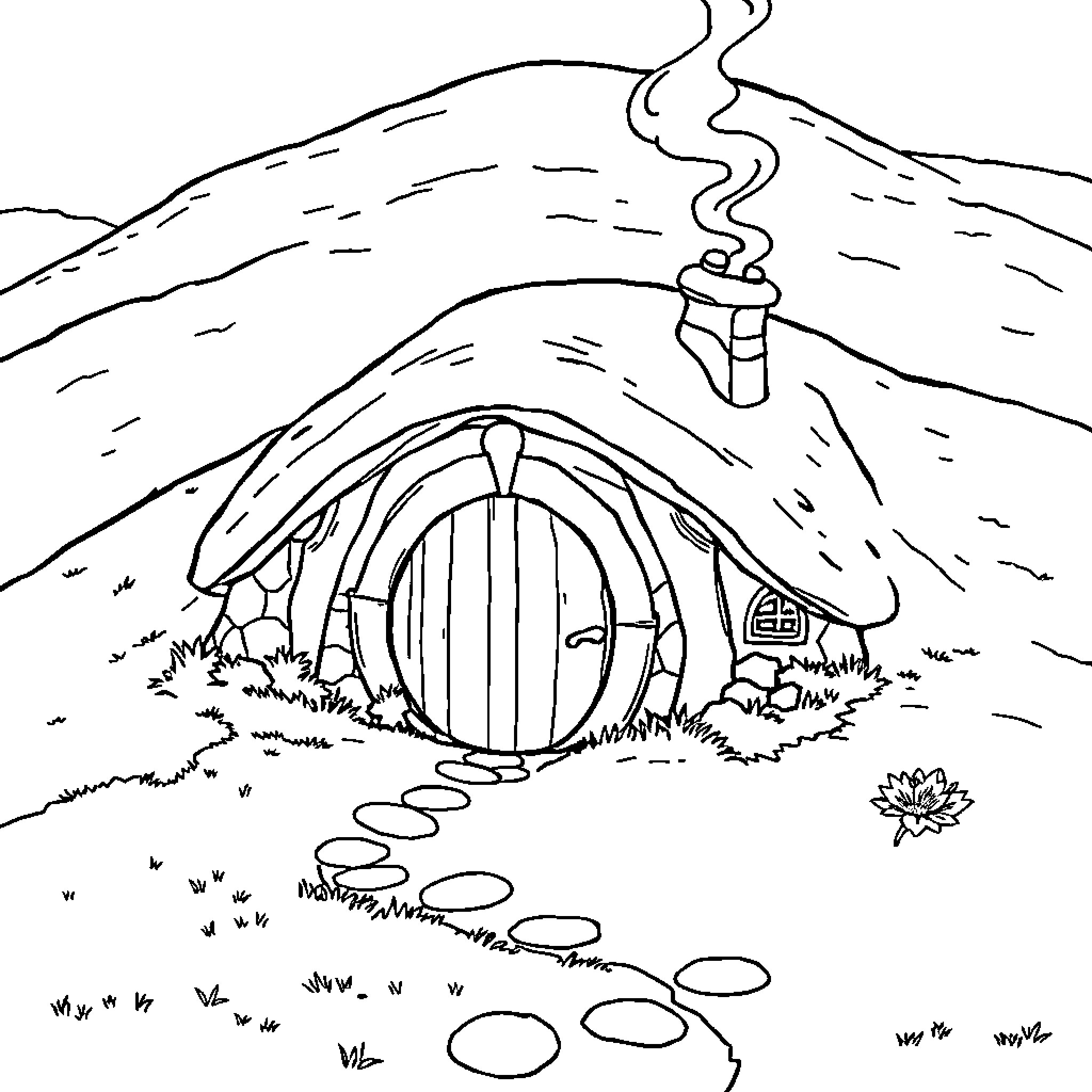 Hobbit Hole with Cozy Entrance and Smoky Chimney Coloring Page (free black-and-white line drawing printable PDF for all, from beginners to advanced learners, including children, teens, adults, and seniors)