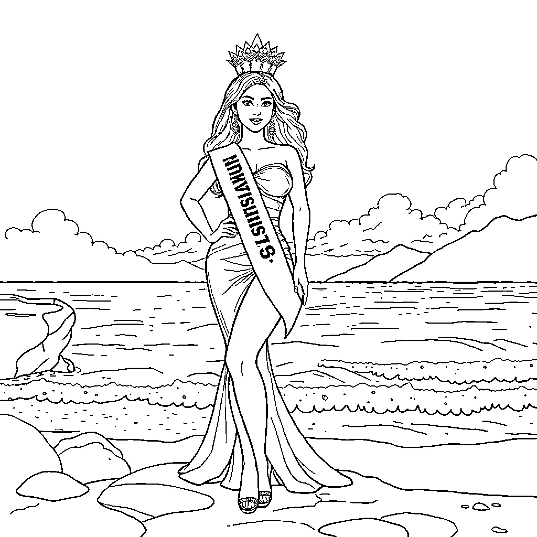 Miss Tahiti in Elegant Pose on Beach Coloring Page (free black-and-white line drawing printable PDF for all, from beginners to advanced learners, including children, teens, adults, and seniors)