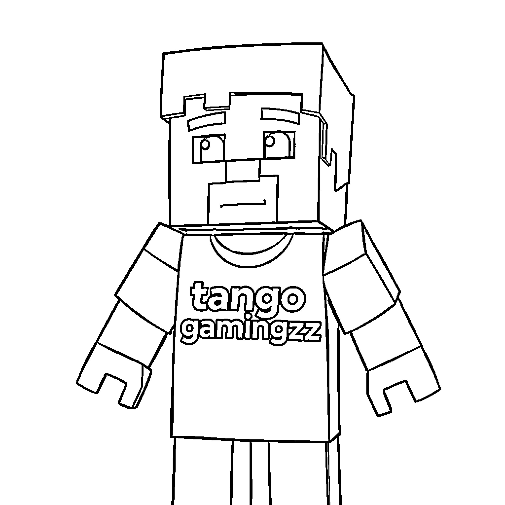 Minecraft Steve wearing Tango Gaming zz shirt Coloring Page (free black-and-white line drawing printable PDF for all, from beginners to advanced learners, including children, teens, adults, and seniors)