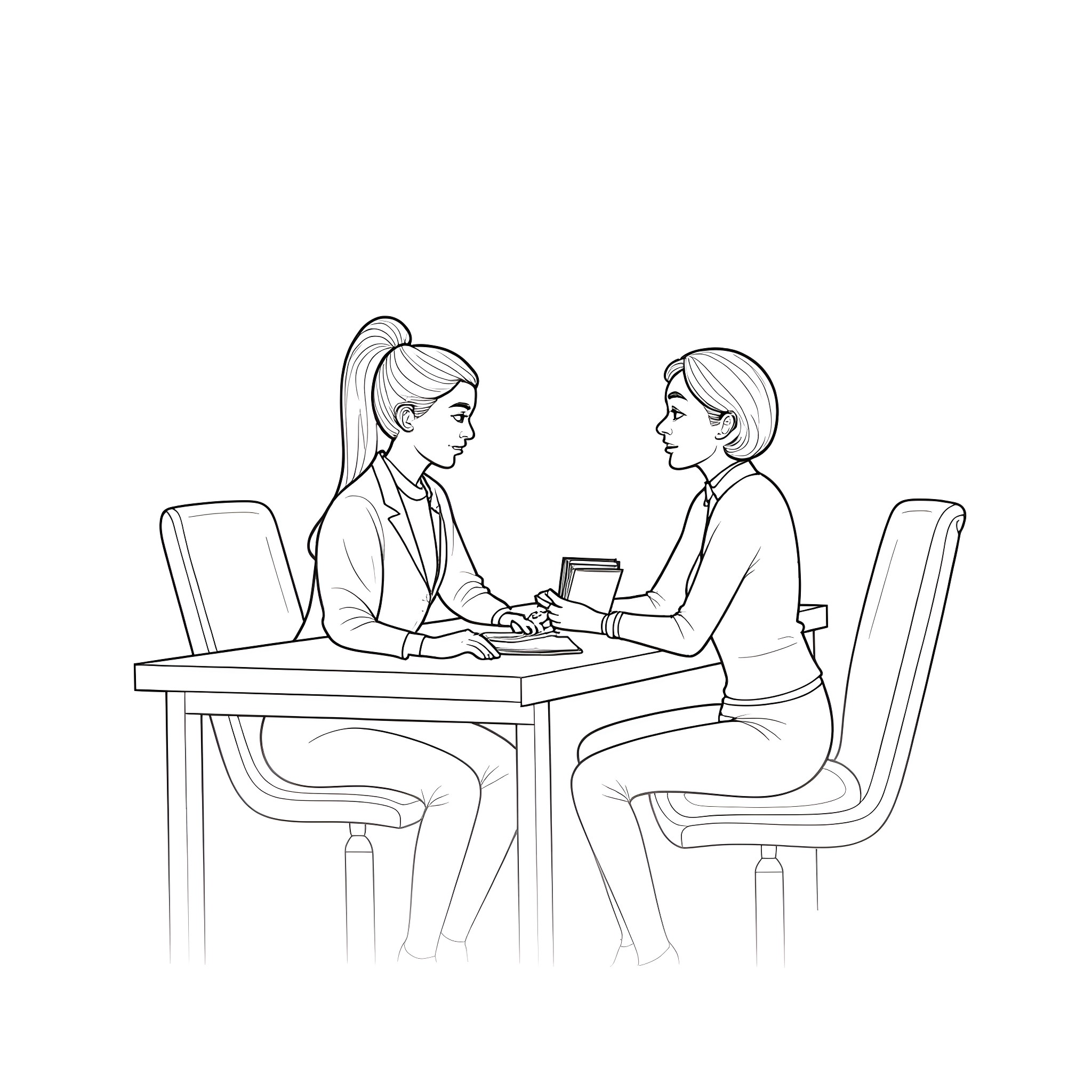 Psychiatrist discussing mental health with patient Coloring Page (free black-and-white line drawing printable PDF for all, from beginners to advanced learners, including children, teens, adults, and seniors)