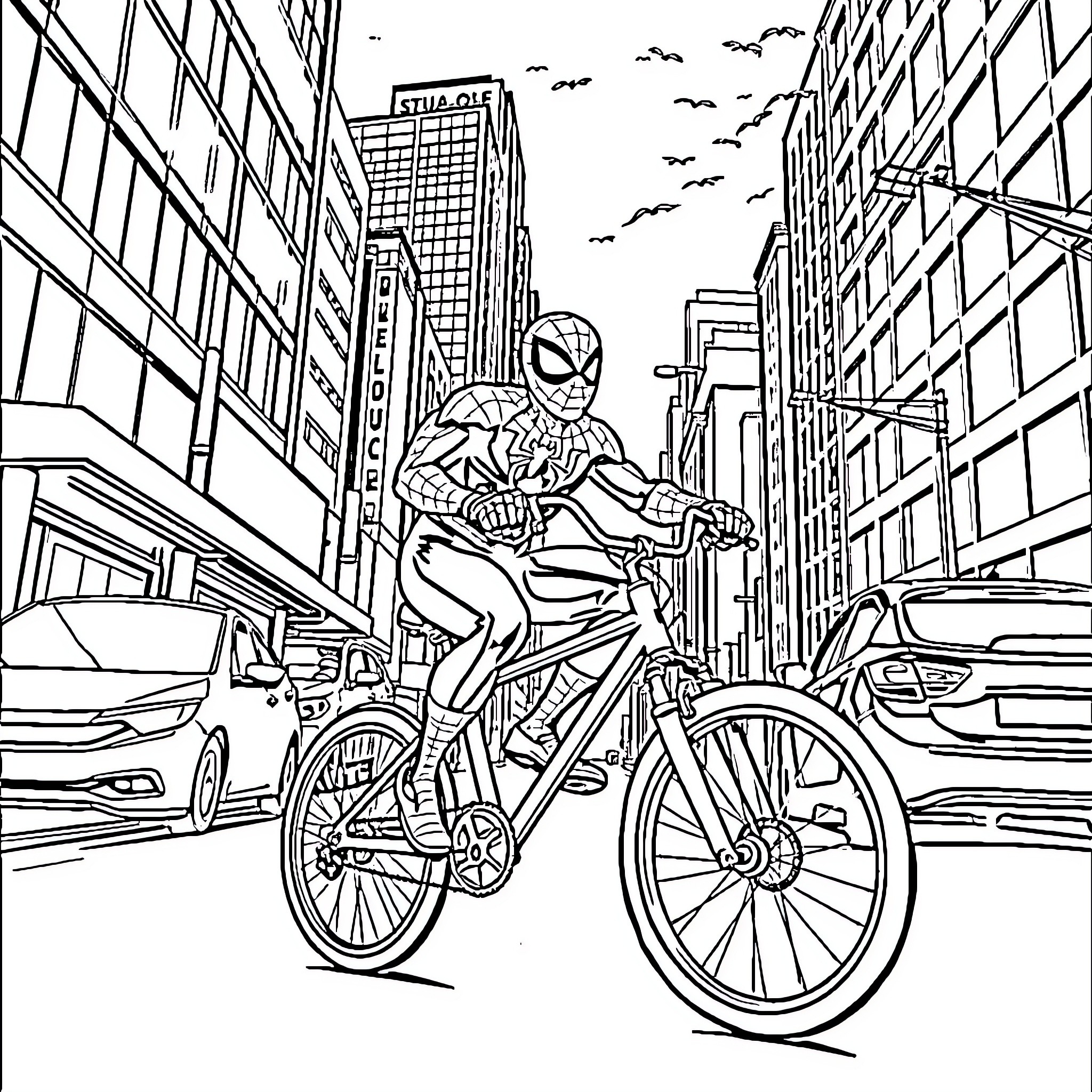 Spiderman riding a bicycle through the city Coloring Page (free black-and-white line drawing printable PDF for all, from beginners to advanced learners, including children, teens, adults, and seniors)