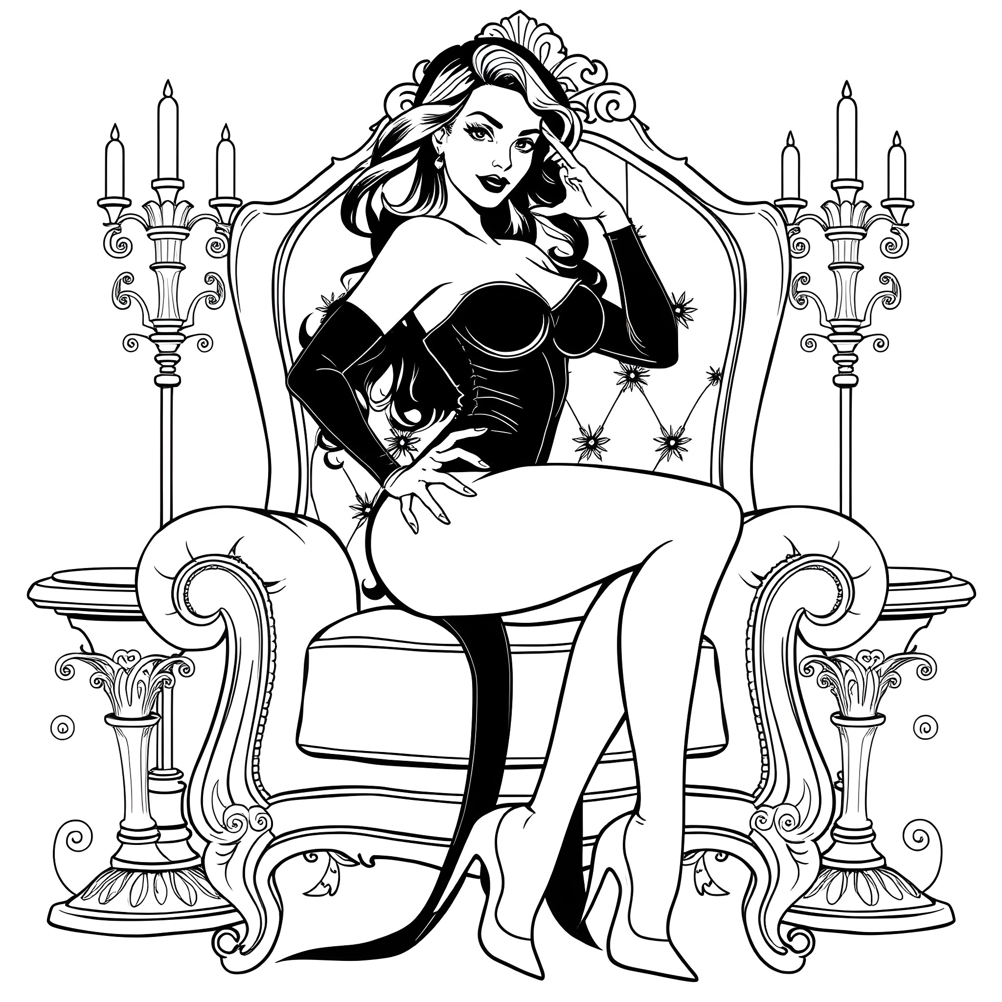 Woman lounging in an ornate throne surrounded by candles Coloring Page (free black-and-white line drawing printable PDF for all, from beginners to advanced learners, including children, teens, adults, and seniors)