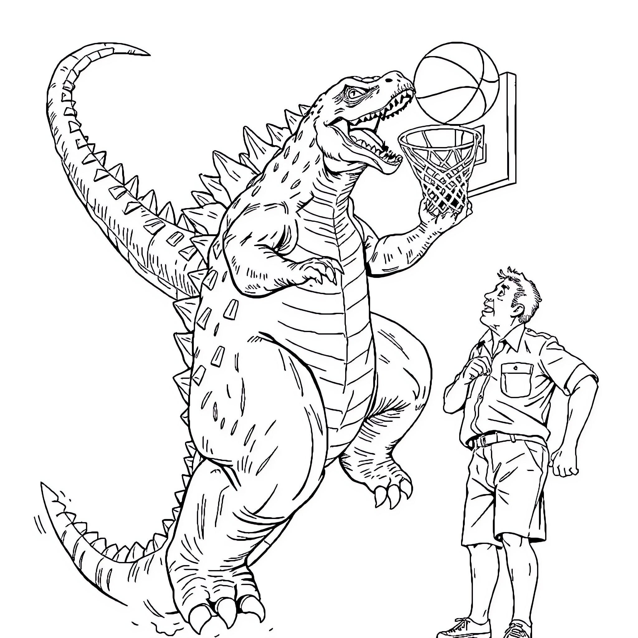 Godzilla playing basketball with a human Coloring Page (free black-and-white line drawing printable PDF for all, from beginners to advanced learners, including children, teens, adults, and seniors)