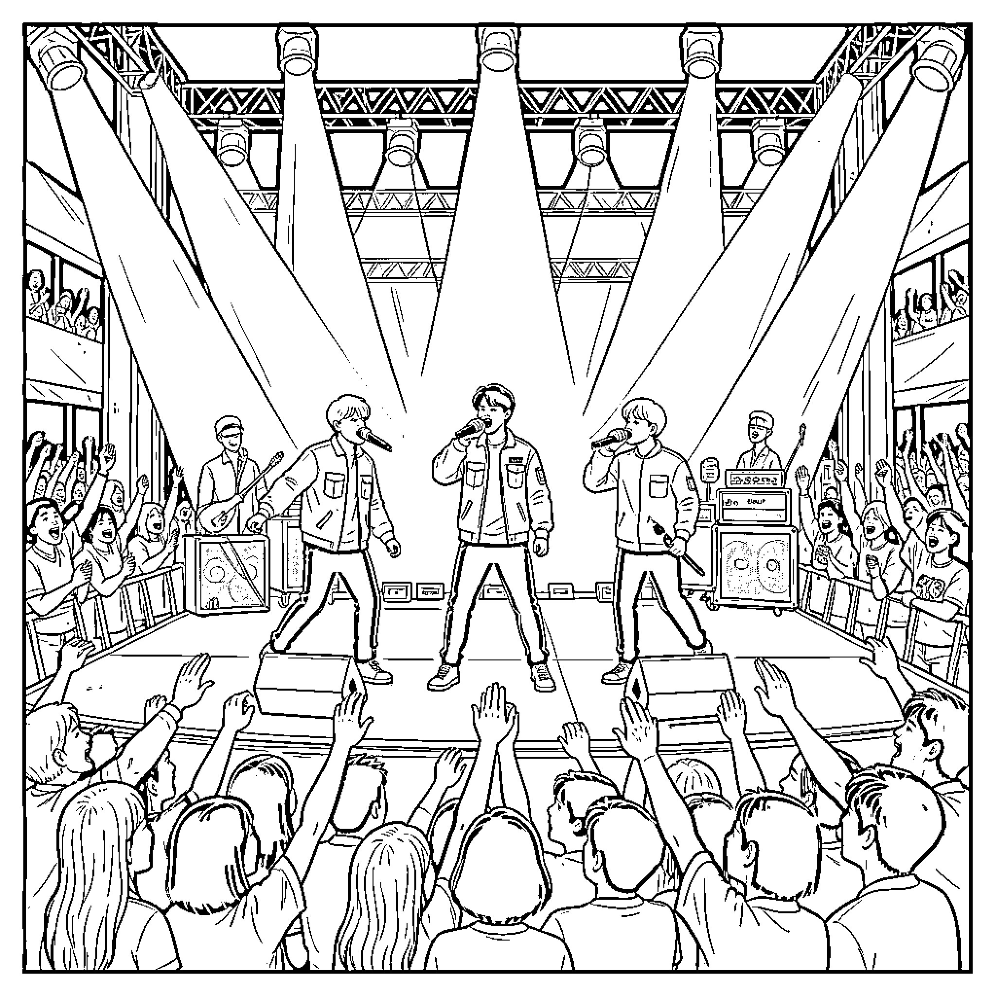 BTS Performing on Stage with Enthusiastic Crowd Coloring Page (free black-and-white line drawing printable PDF for all, from beginners to advanced learners, including children, teens, adults, and seniors)