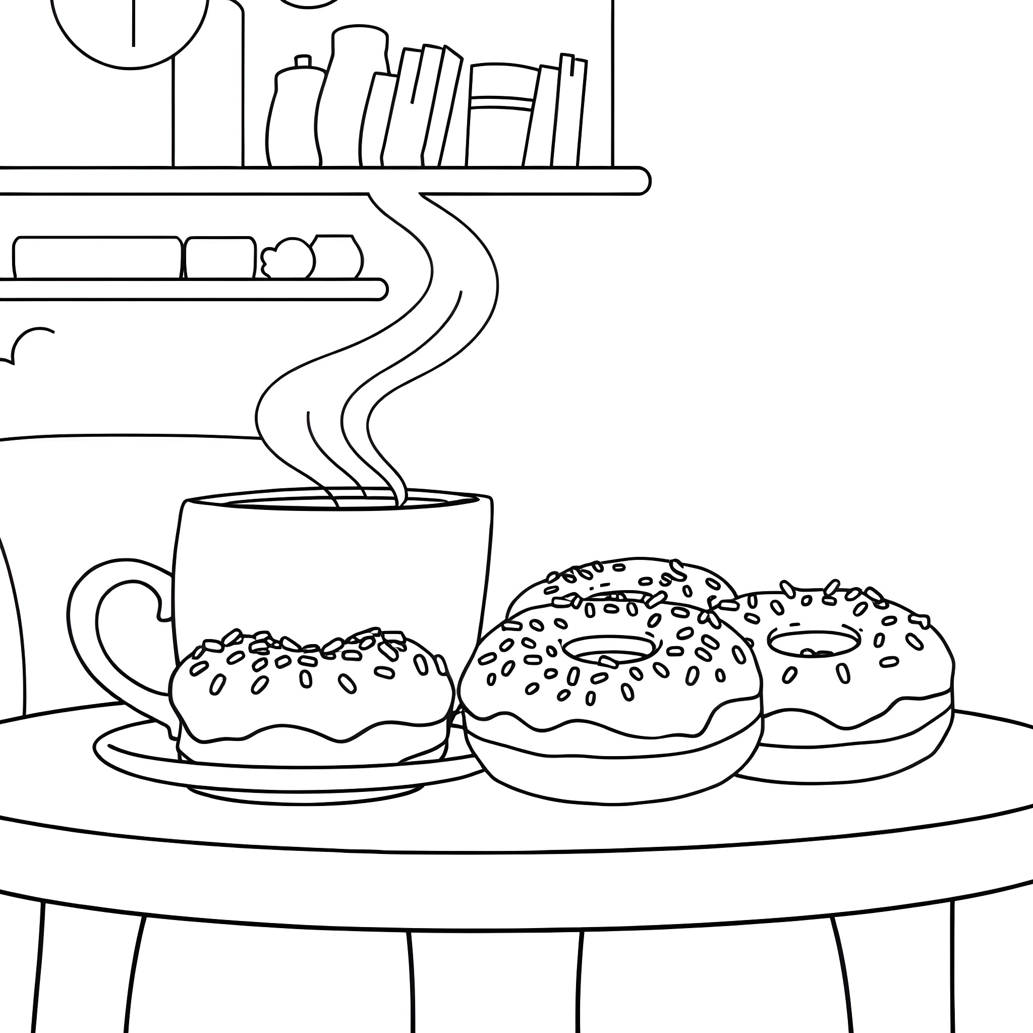 Coffee and Baked Treats on the Shelf Coloring Page (free black-and-white line drawing printable PDF for all, from beginners to advanced learners, including children, teens, adults, and seniors)