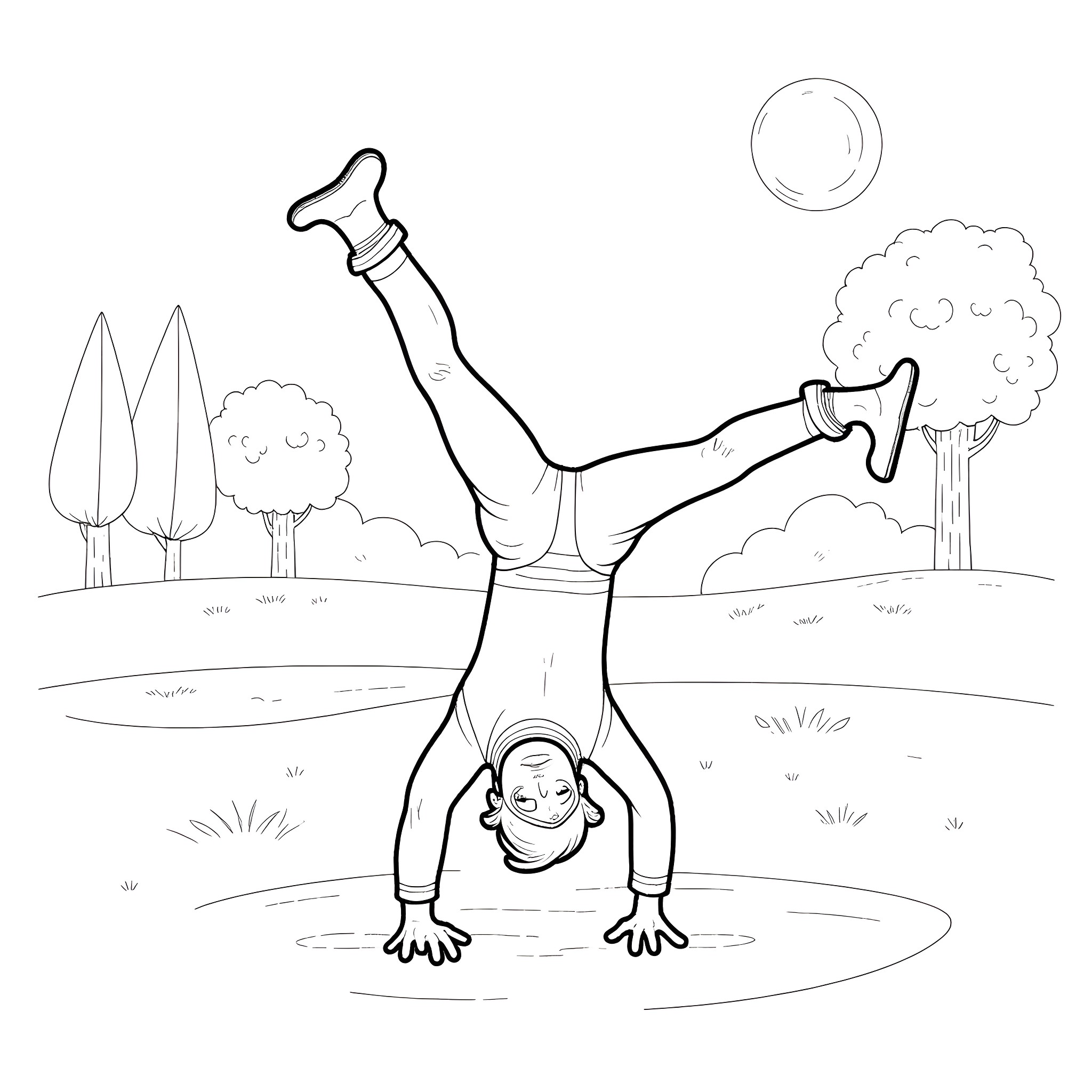 Teen performing acrobatic trick in nature Coloring Page (free black-and-white line drawing printable PDF for all, from beginners to advanced learners, including children, teens, adults, and seniors)