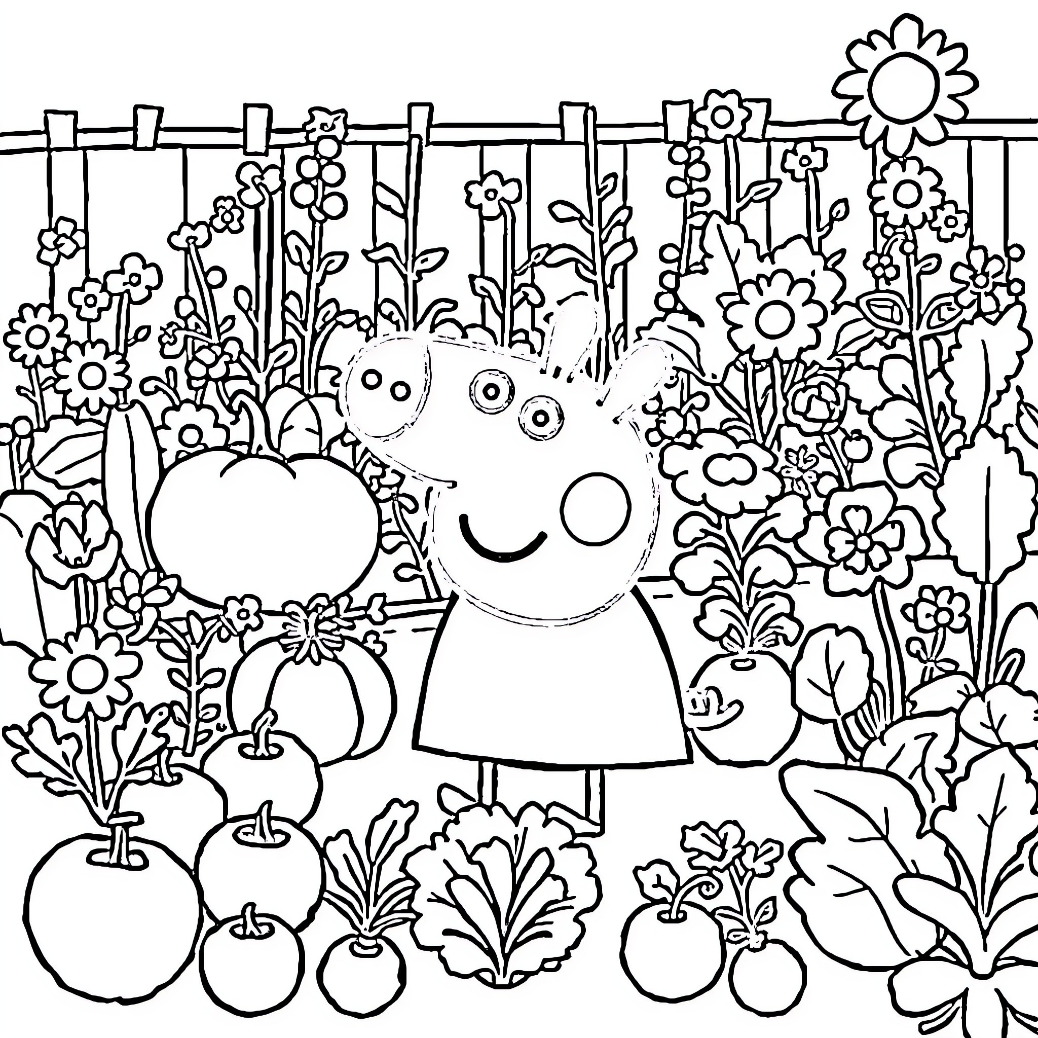 Peppa Pig explores a colorful garden Coloring Page (free black-and-white line drawing printable PDF for all, from beginners to advanced learners, including children, teens, adults, and seniors)