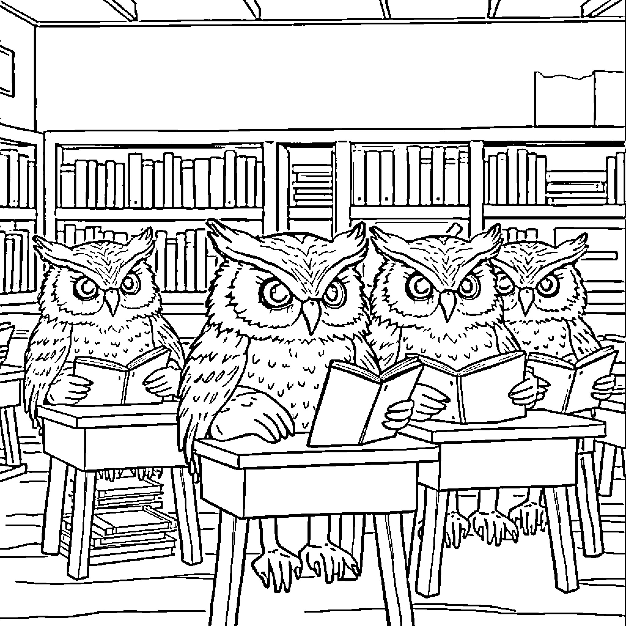 Owls studying diligently in the library Coloring Page (free black-and-white line drawing printable PDF for all, from beginners to advanced learners, including children, teens, adults, and seniors)