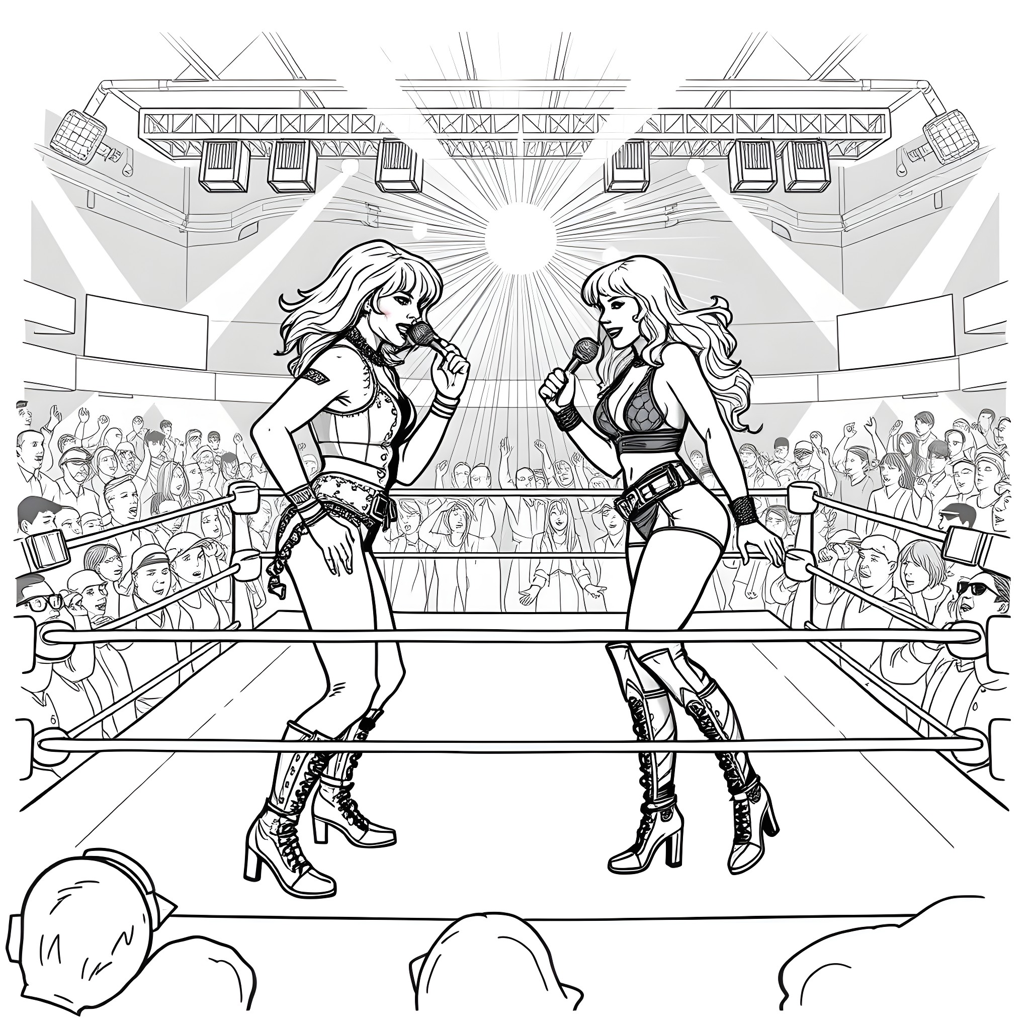 Taylor Swift and Blonde Bombshell Battle in the Ring Coloring Page (free black-and-white line drawing printable PDF for all, from beginners to advanced learners, including children, teens, adults, and seniors)