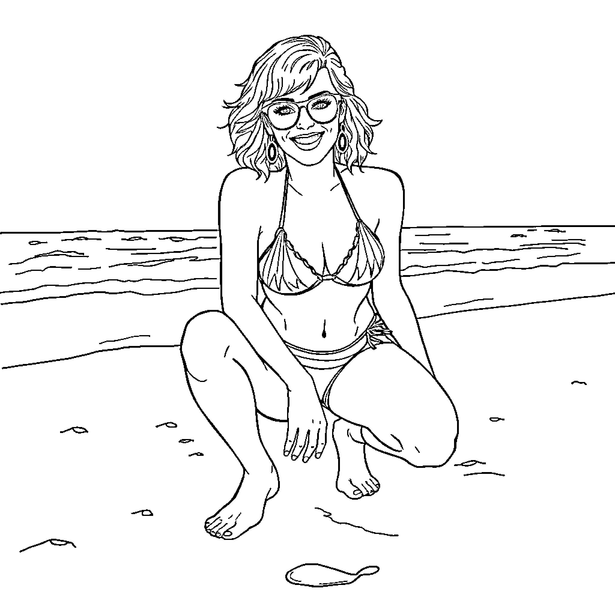 Katy Perry relaxing on the beach Coloring Page (free black-and-white line drawing printable PDF for all, from beginners to advanced learners, including children, teens, adults, and seniors)