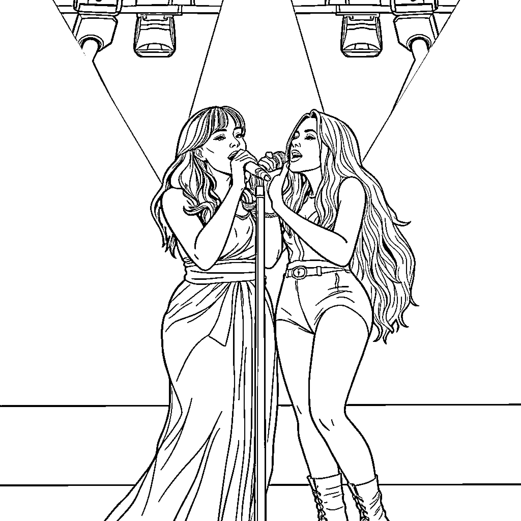 Dua Lipa performing on stage with a companion Coloring Page (free black-and-white line drawing printable PDF for all, from beginners to advanced learners, including children, teens, adults, and seniors)