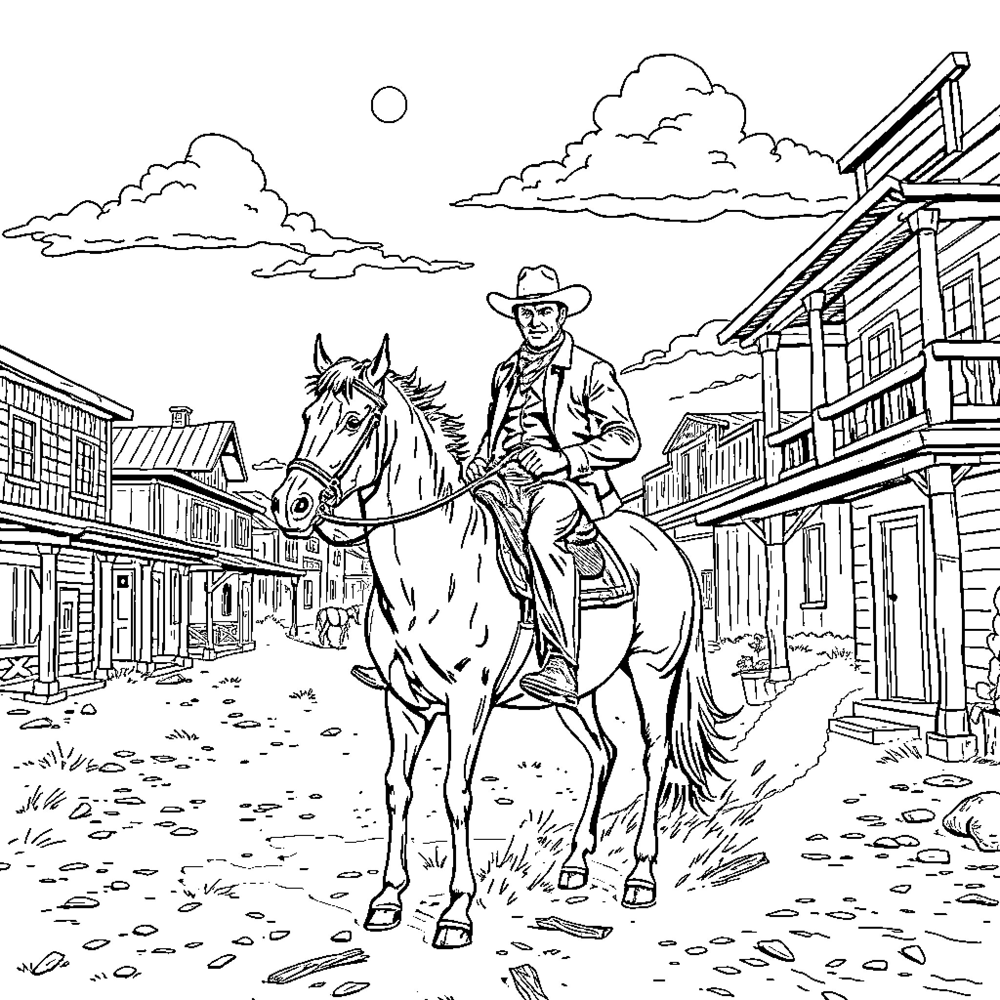 John Wayne Rides Through the Old Western Town Coloring Page (free black-and-white line drawing printable PDF for all, from beginners to advanced learners, including children, teens, adults, and seniors)