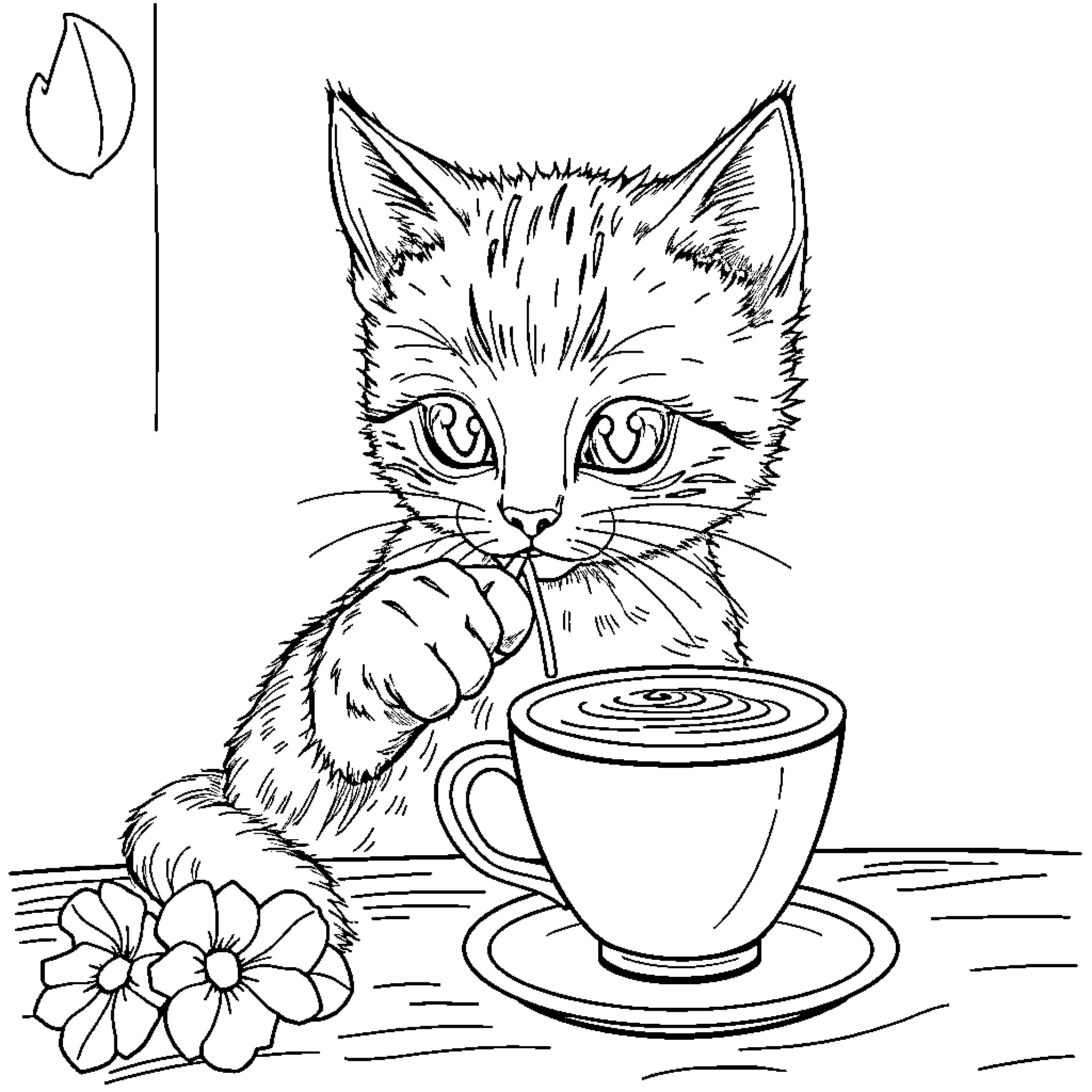 Cat enjoying a cup of coffee near flowers Coloring Page (free black-and-white line drawing printable PDF for all, from beginners to advanced learners, including children, teens, adults, and seniors)