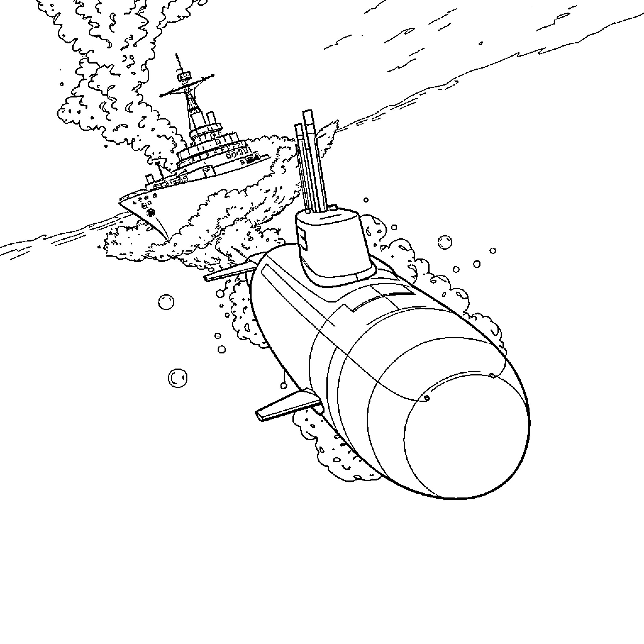 Submarine emerging from underwater with smoke and bubbles Coloring Page (free black-and-white line drawing printable PDF for all, from beginners to advanced learners, including children, teens, adults, and seniors)
