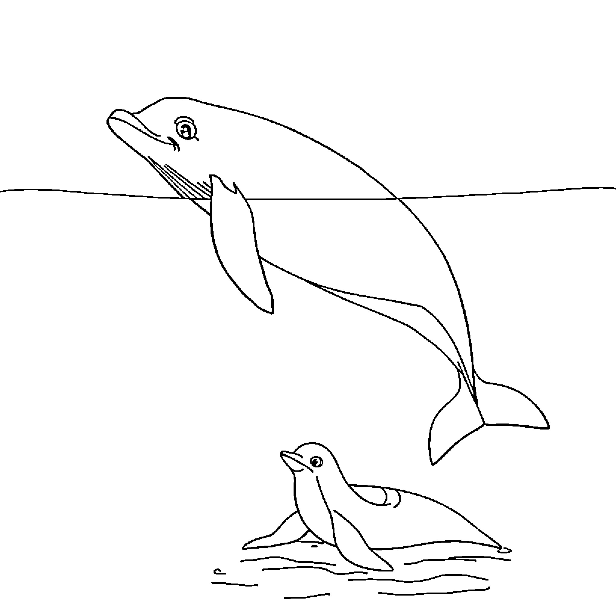 Whale playing joyfully with its calf Coloring Page (free black-and-white line drawing printable PDF for all, from beginners to advanced learners, including children, teens, adults, and seniors)