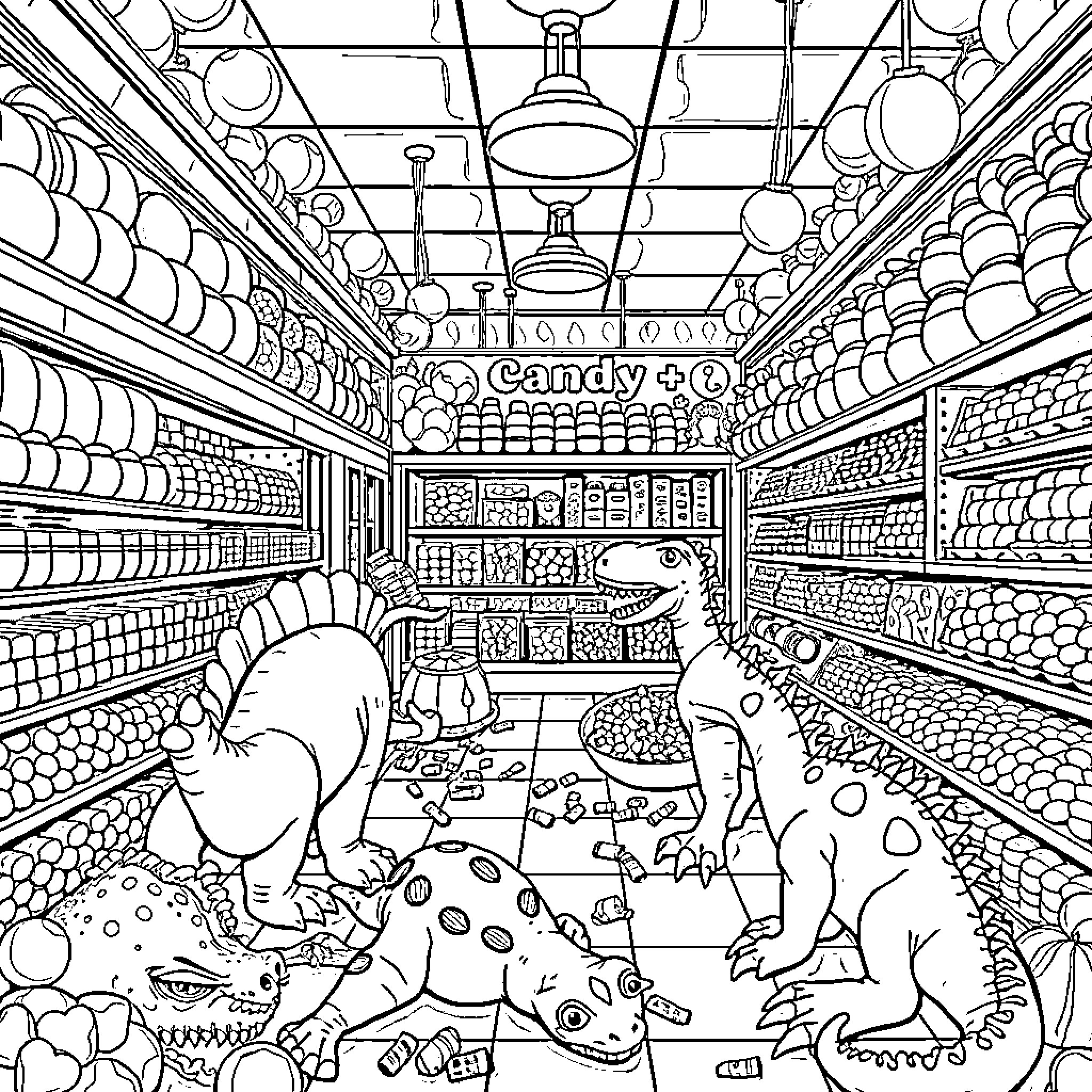 Dinosaur Shopping in Candy Store Coloring Page (free black-and-white line drawing printable PDF for all, from beginners to advanced learners, including children, teens, adults, and seniors)