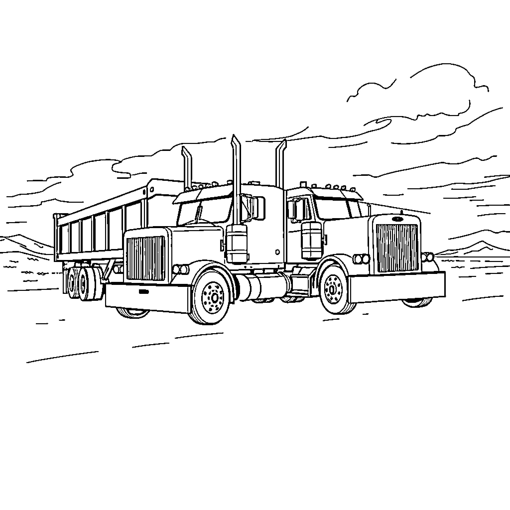Truck transporting cargo on the highway Coloring Page (free black-and-white line drawing printable PDF for all, from beginners to advanced learners, including children, teens, adults, and seniors)