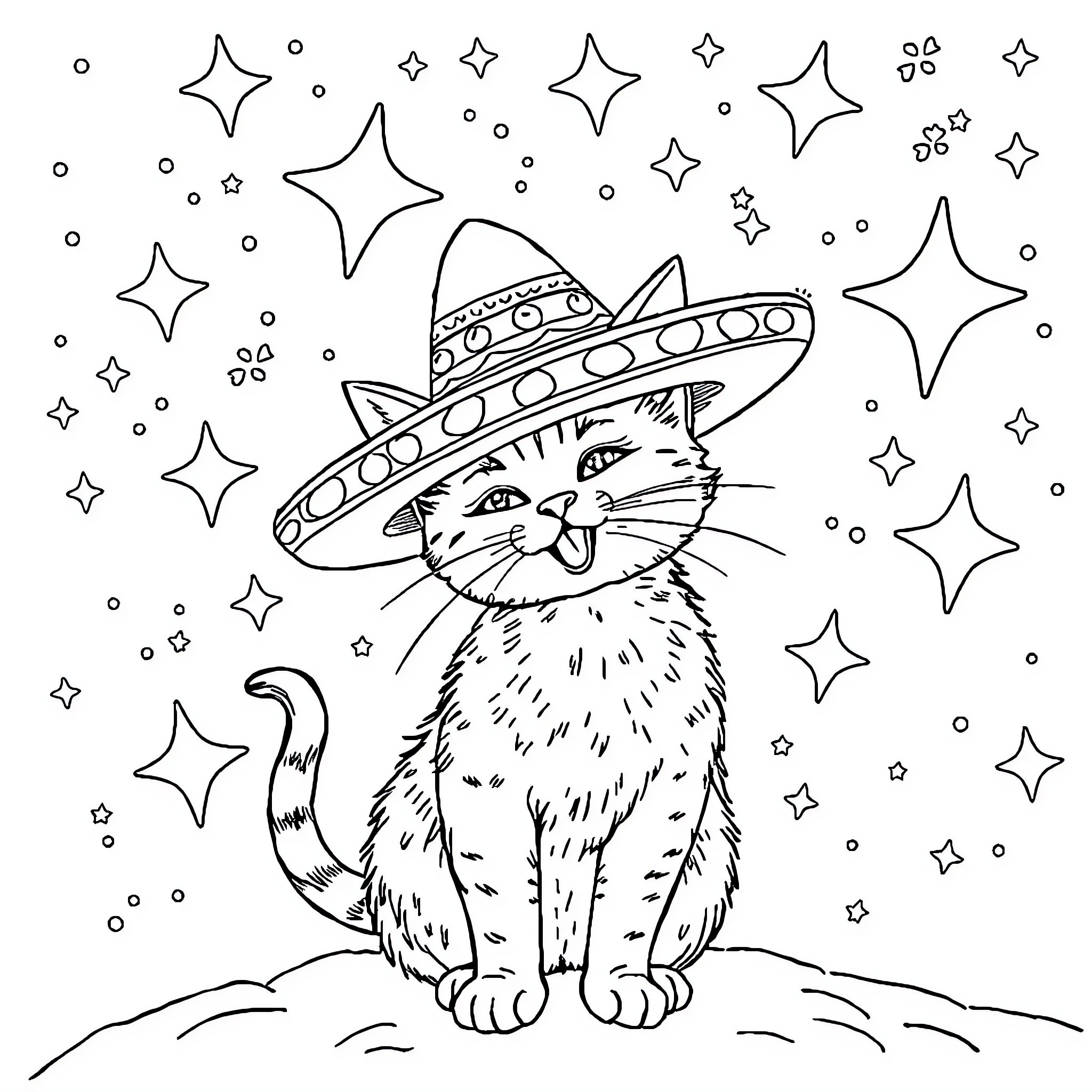 Gato wearing a sombrero among the stars Coloring Page (free black-and-white line drawing printable PDF for all, from beginners to advanced learners, including children, teens, adults, and seniors)