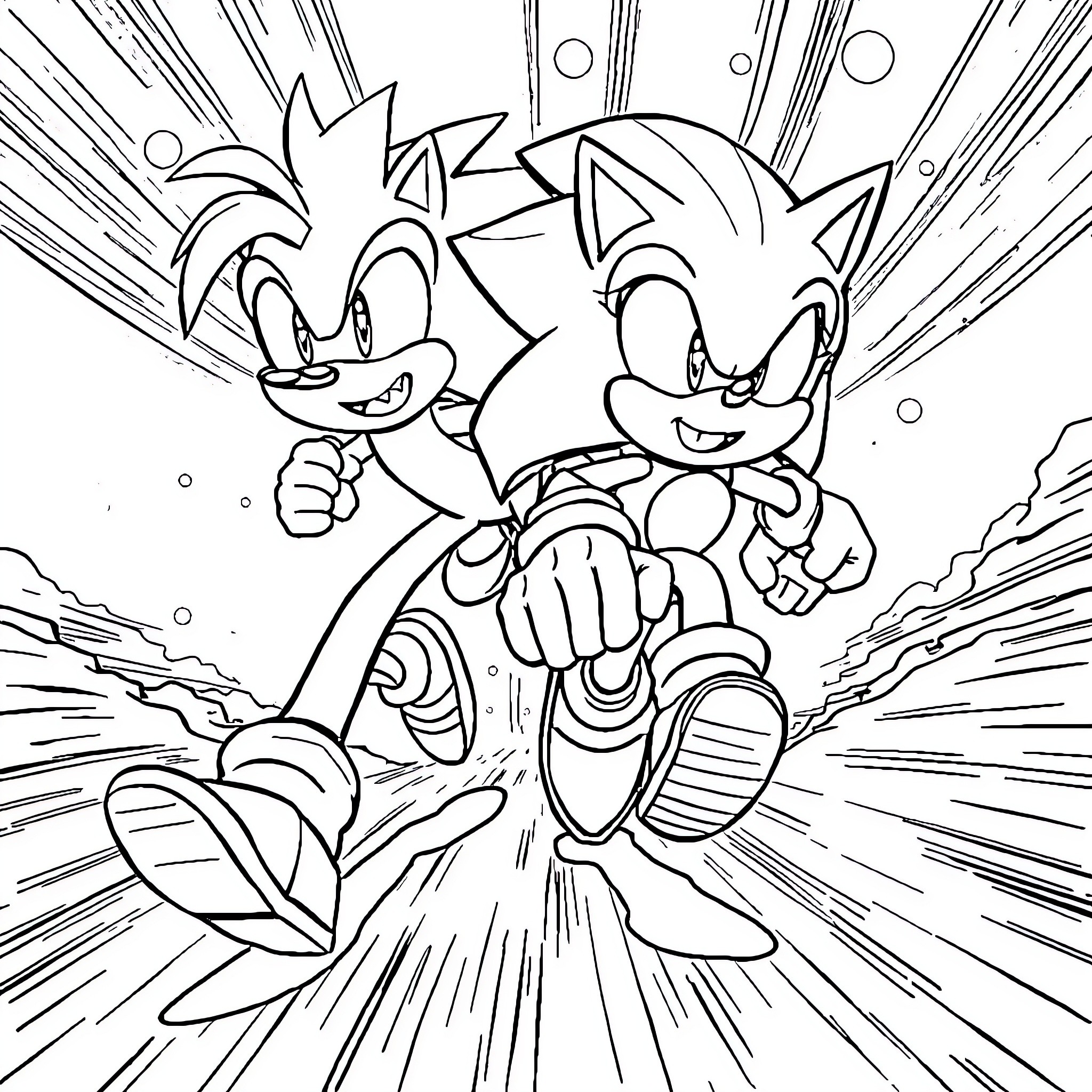 Character Duo Racing Excitedly in Comic Style Coloring Page (free black-and-white line drawing printable PDF for all, from beginners to advanced learners, including children, teens, adults, and seniors)