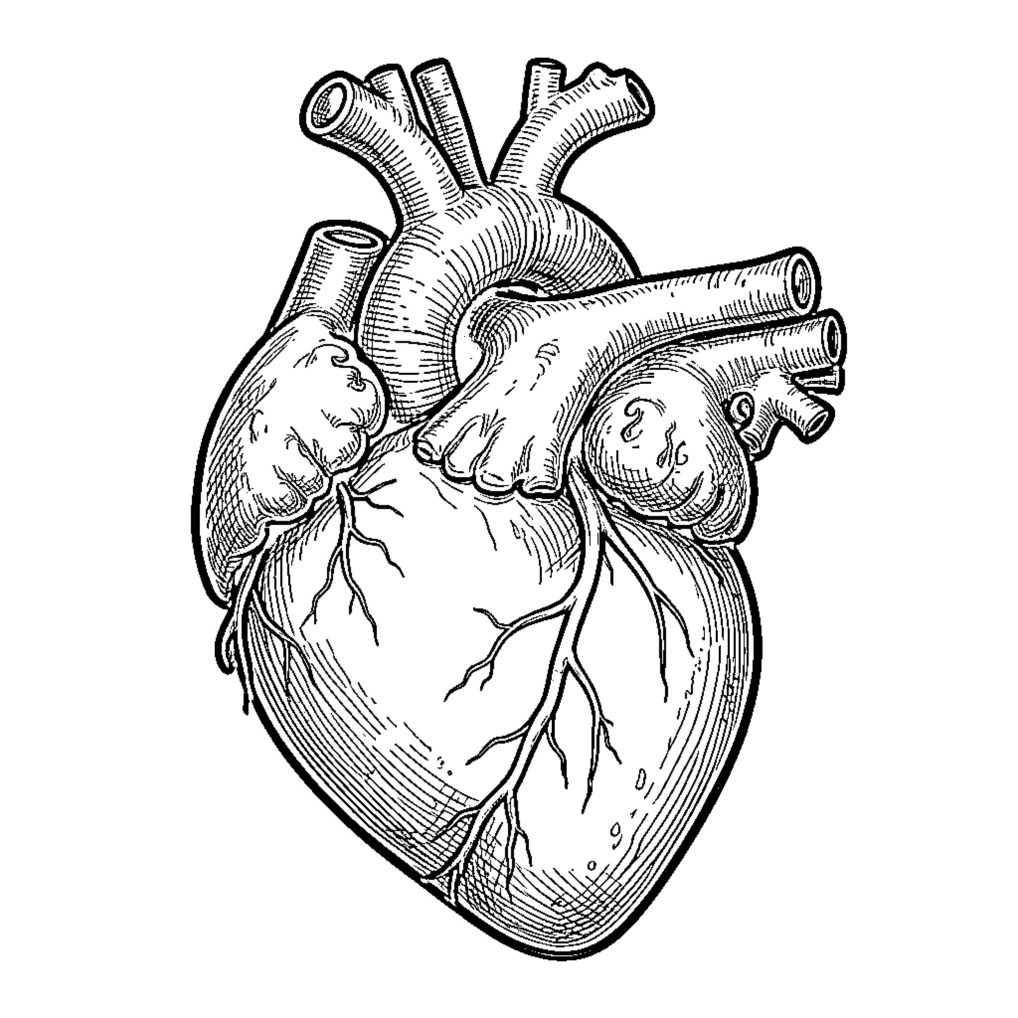 Heart anatomy in detailed illustration Coloring Page (free black-and-white line drawing printable PDF for all, from beginners to advanced learners, including children, teens, adults, and seniors)