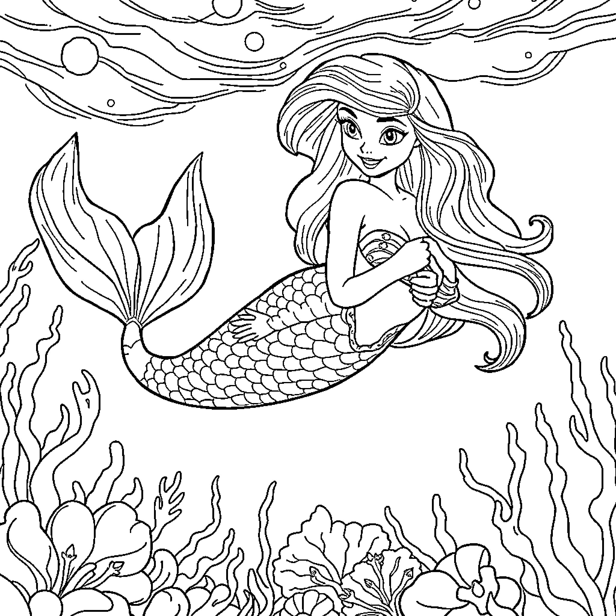 Red Mermaid's Underwater Reverie Coloring Page (free black-and-white line drawing printable PDF for all, from beginners to advanced learners, including children, teens, adults, and seniors)