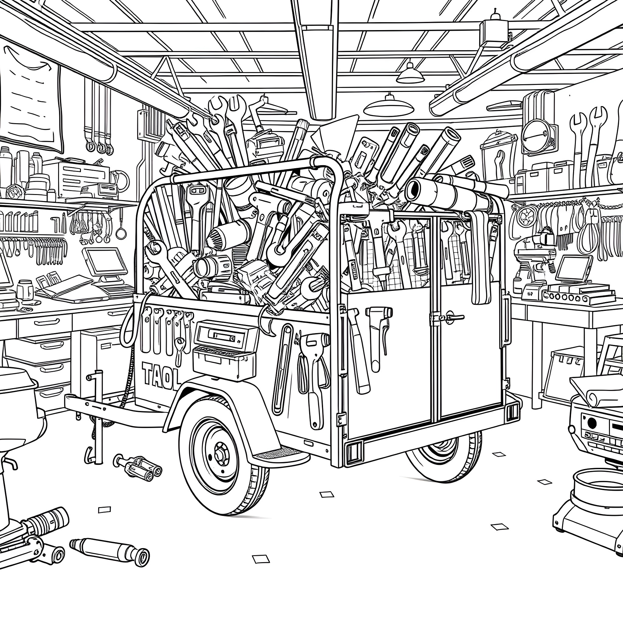 Tool Trailer Packed with Various Equipment and Supplies Coloring Page (free black-and-white line drawing printable PDF for all, from beginners to advanced learners, including children, teens, adults, and seniors)