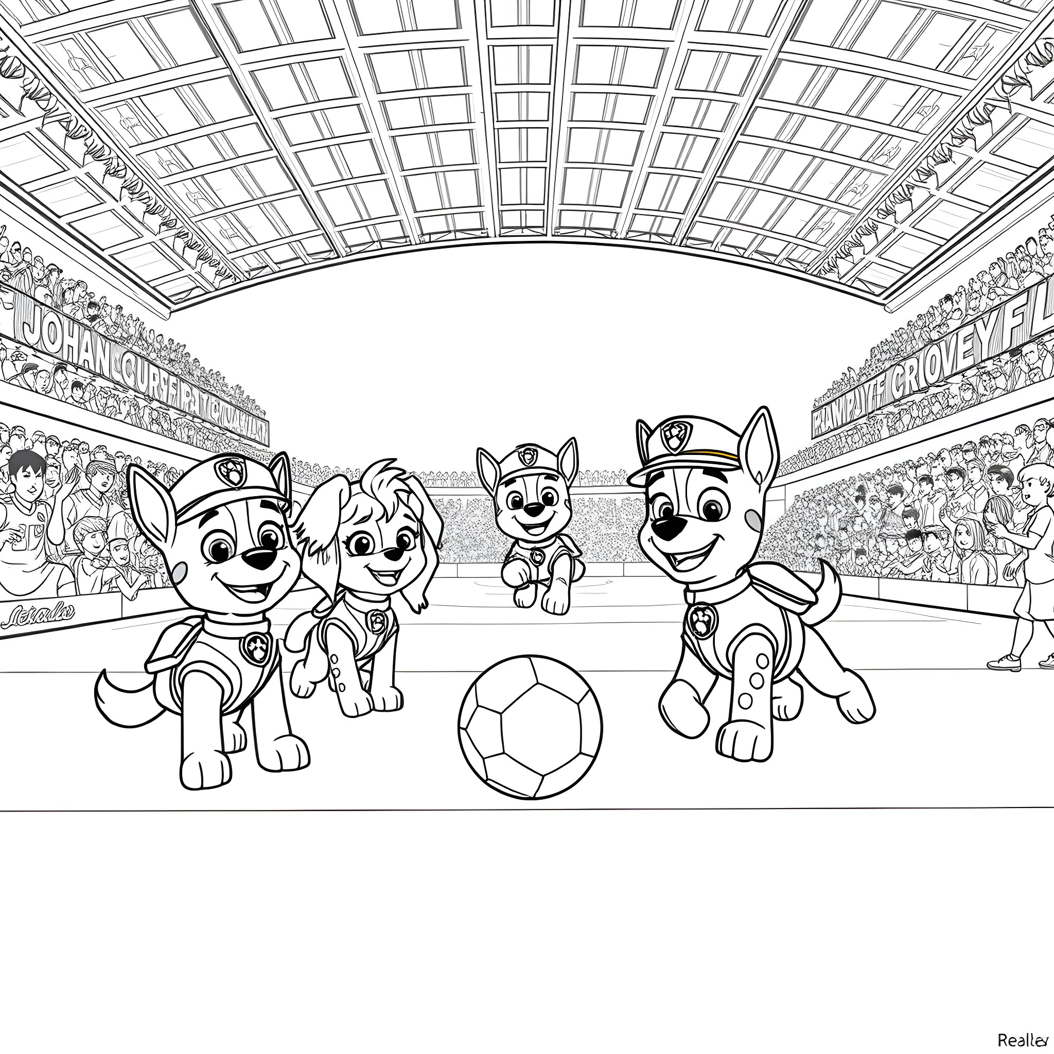 Paw Patrol characters playing soccer in an arena Coloring Page (free black-and-white line drawing printable PDF for all, from beginners to advanced learners, including children, teens, adults, and seniors)