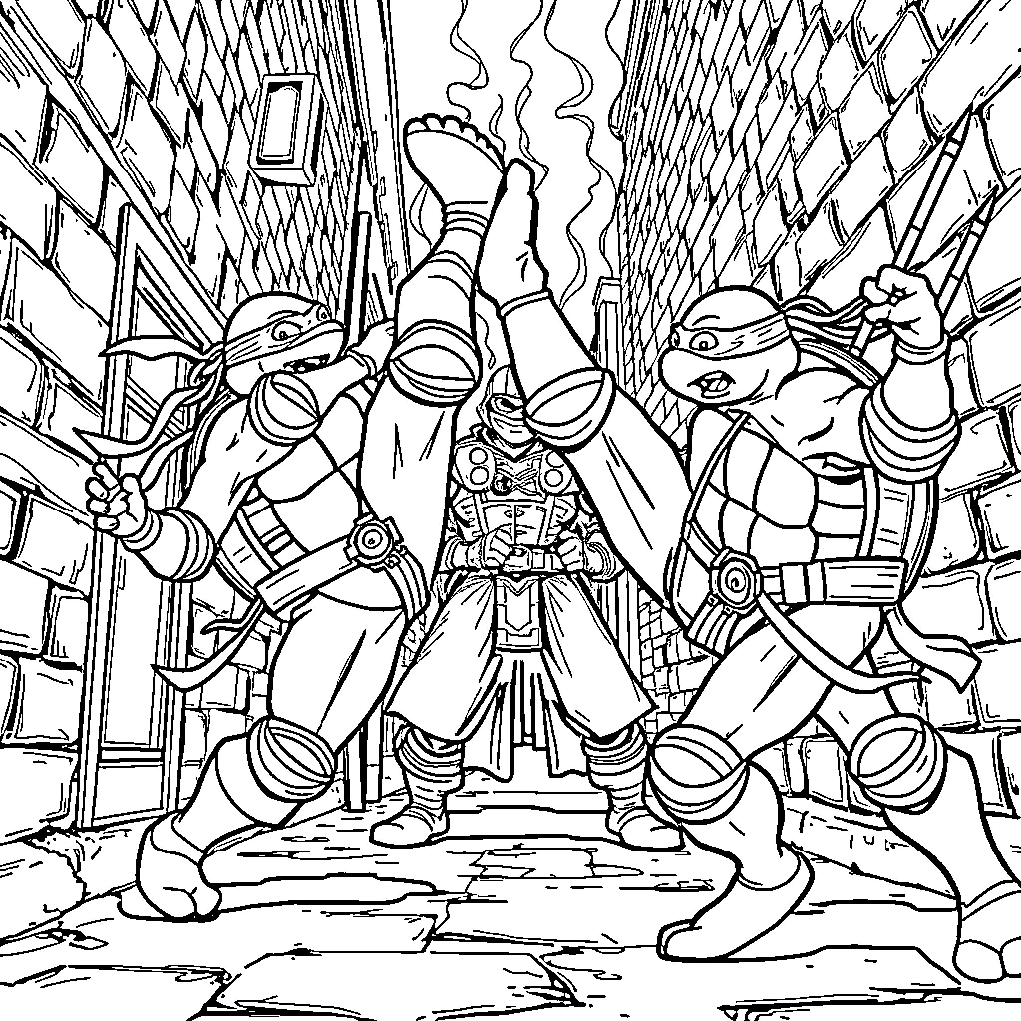 Teenage Mutant Ninja Turtles in action-packed city scene Coloring Page (free black-and-white line drawing printable PDF for all, from beginners to advanced learners, including children, teens, adults, and seniors)