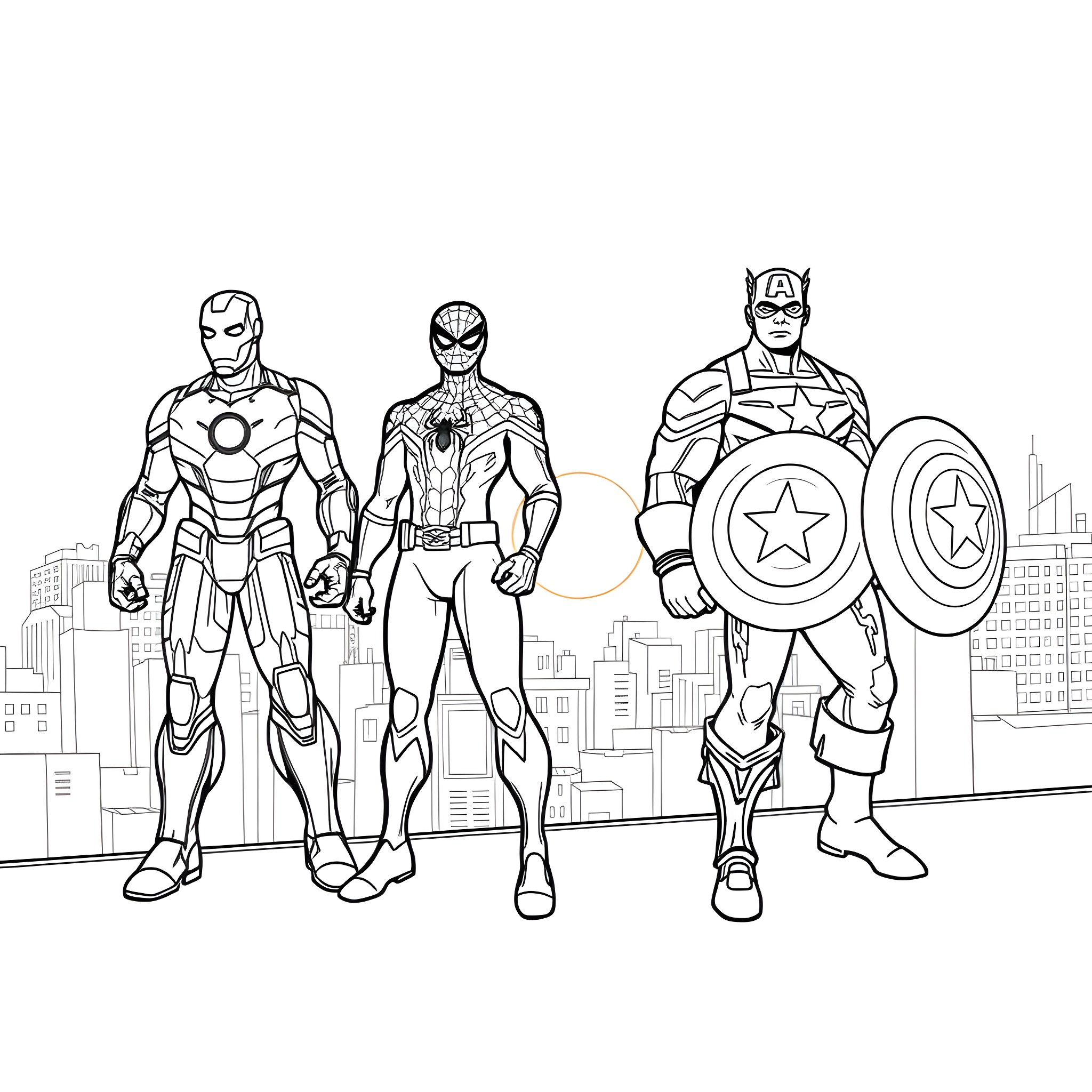 Superhero Characters in Action Poses Coloring Page (free black-and-white line drawing printable PDF for all, from beginners to advanced learners, including children, teens, adults, and seniors)
