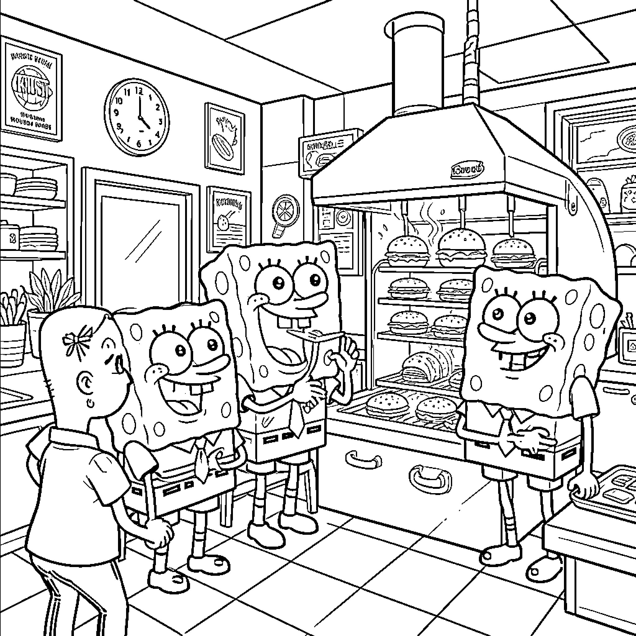 Spongebob smiling while cooking burgers in the kitchen Coloring Page (free black-and-white line drawing printable PDF for all, from beginners to advanced learners, including children, teens, adults, and seniors)