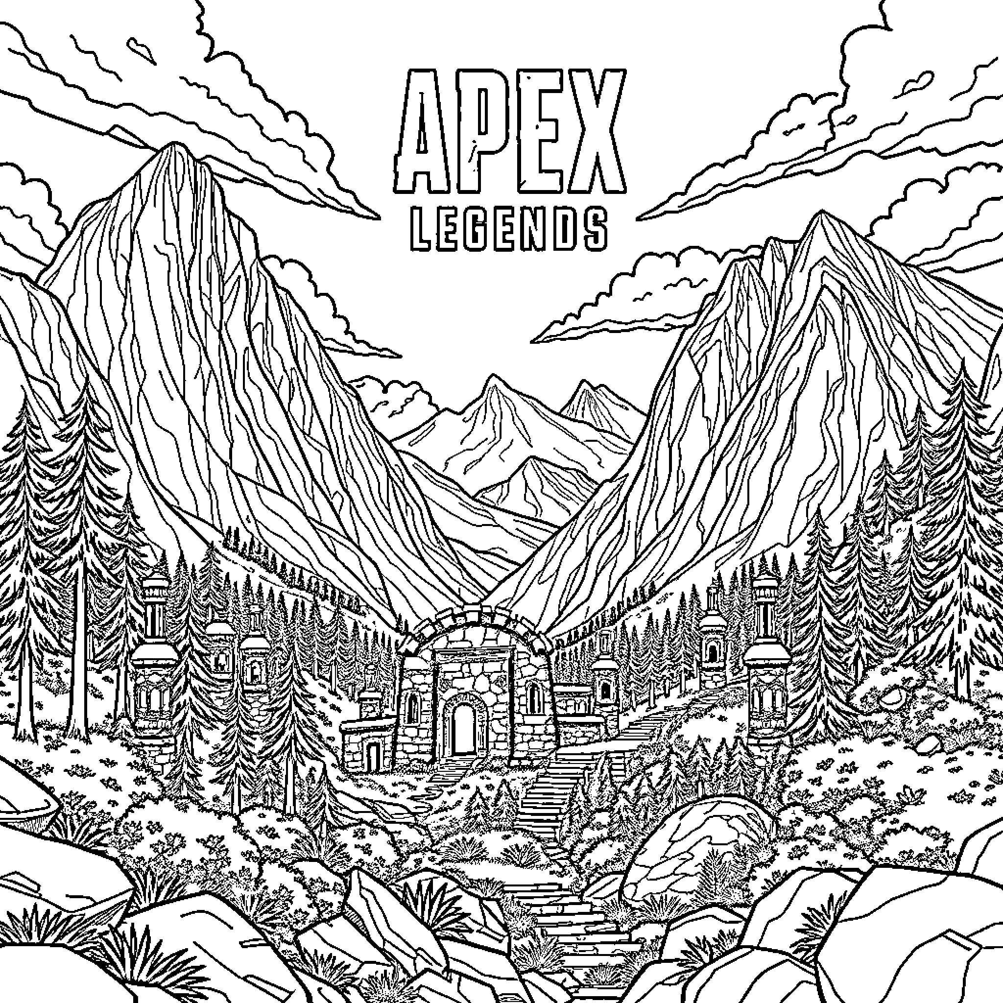 Apex Legends: Detailed Landscape with Mountain Scenery Coloring Page (free black-and-white line drawing printable PDF for all, from beginners to advanced learners, including children, teens, adults, and seniors)