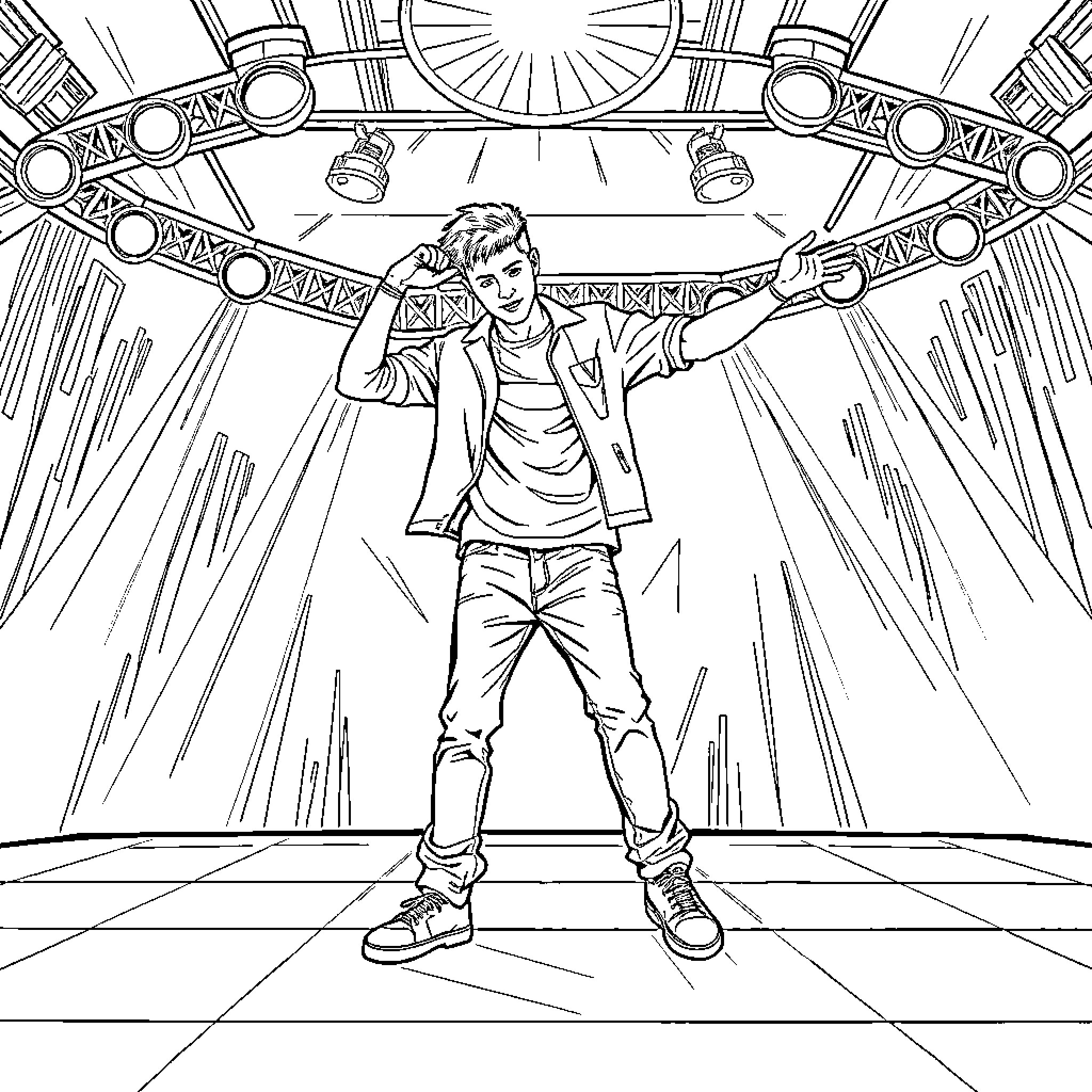 Justin Bieber on stage performing energetically Coloring Page (free black-and-white line drawing printable PDF for all, from beginners to advanced learners, including children, teens, adults, and seniors)