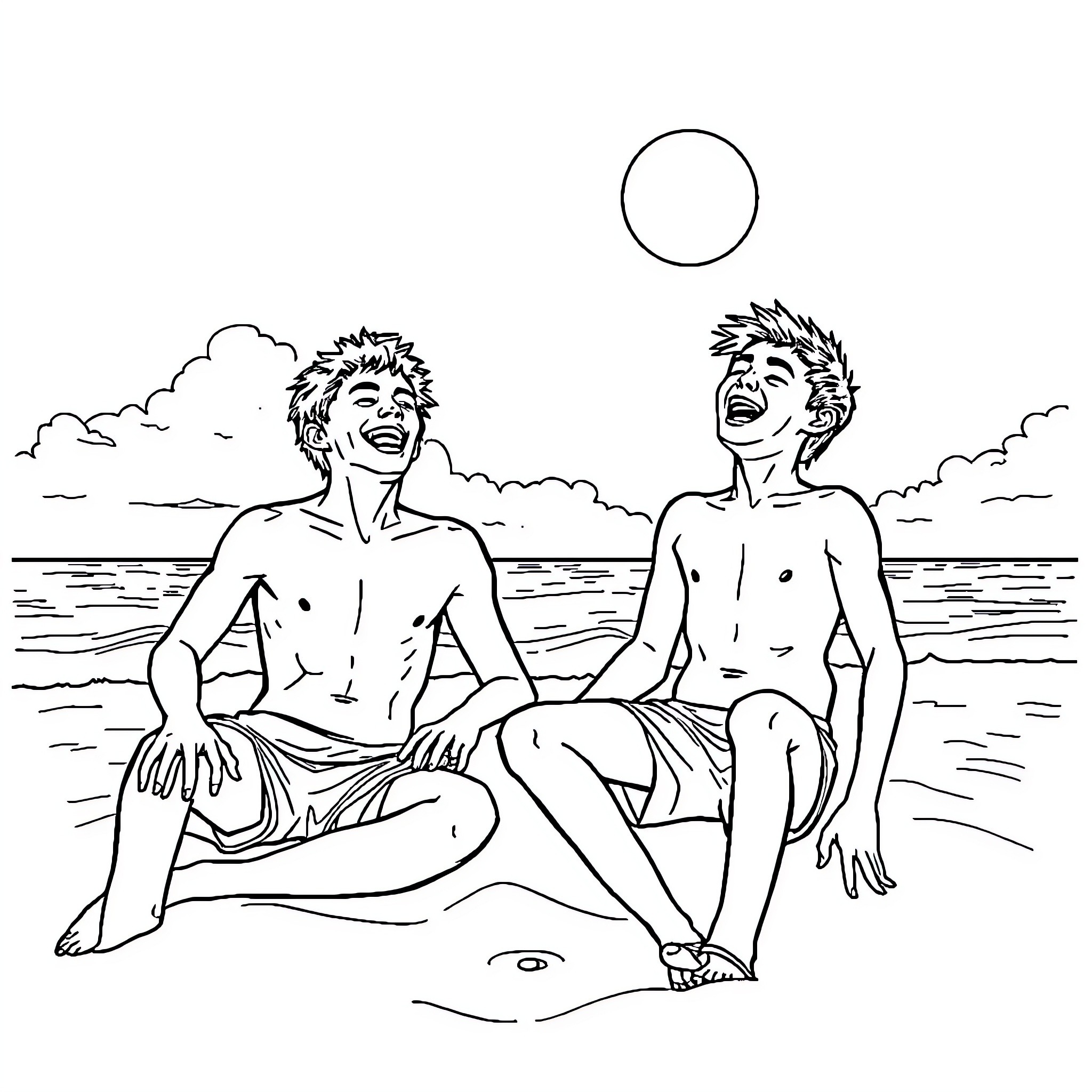Boys enjoying a sunny day at the beach Coloring Page (free black-and-white line drawing printable PDF for all, from beginners to advanced learners, including children, teens, adults, and seniors)