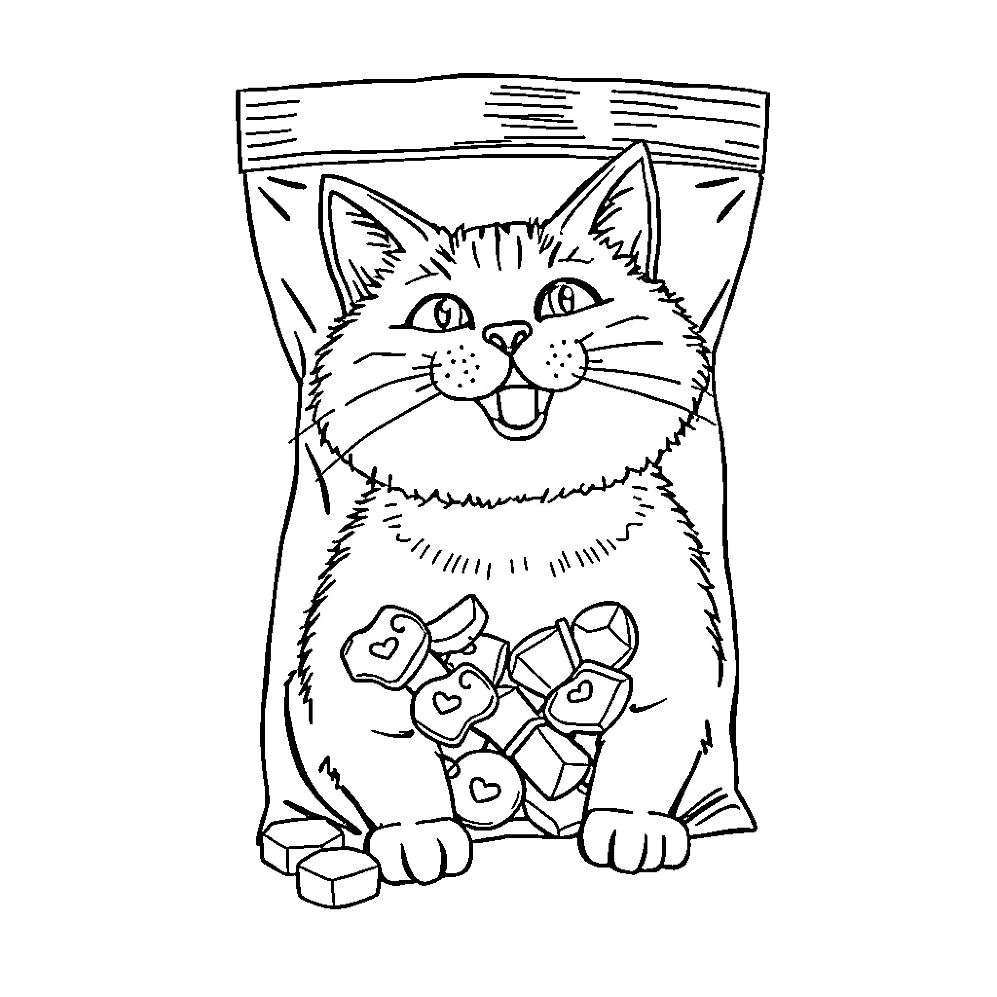 Cat holding candies in bag Coloring Page (free black-and-white line drawing printable PDF for all, from beginners to advanced learners, including children, teens, adults, and seniors)