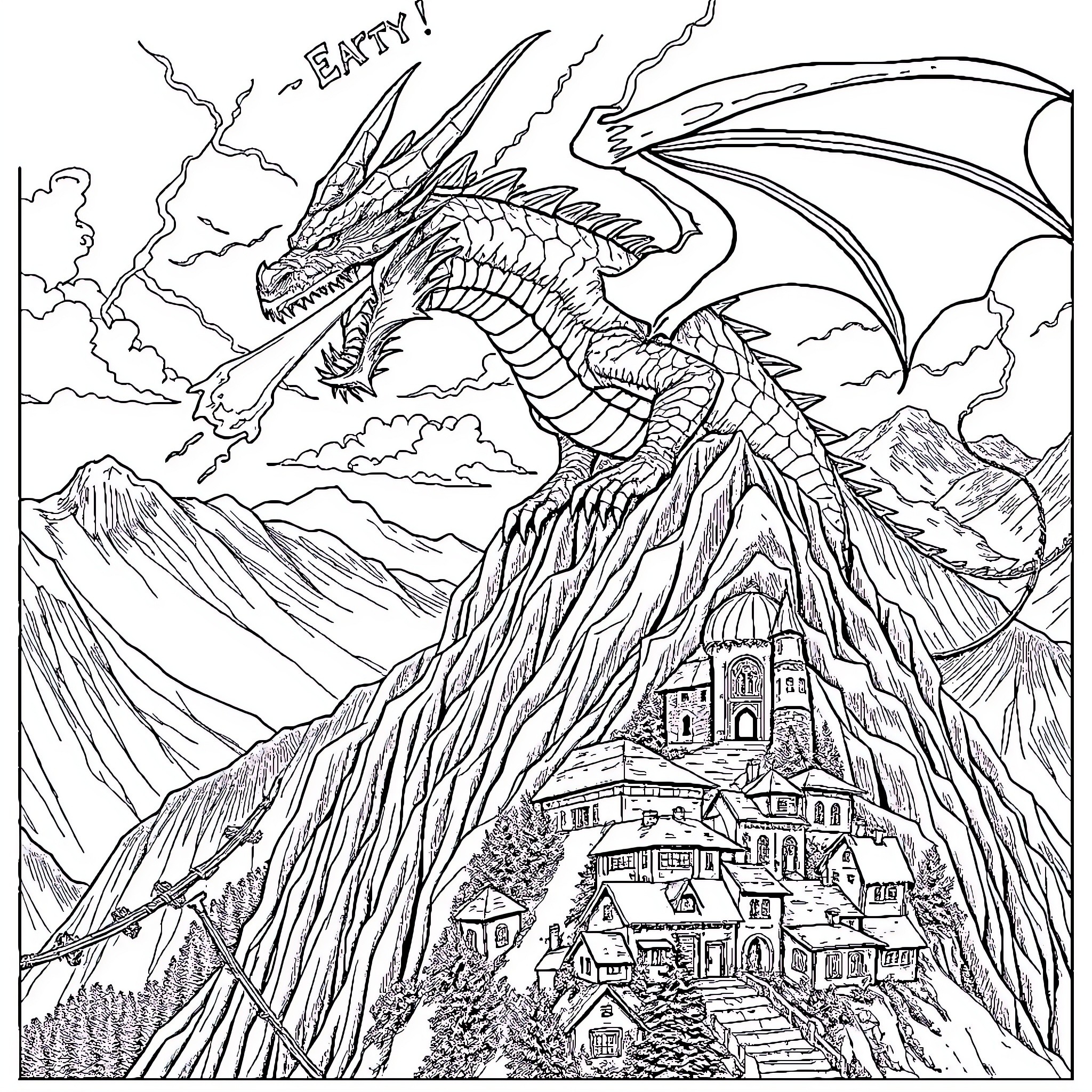 Dragon guarding the mountain castle Coloring Page (free black-and-white line drawing printable PDF for all, from beginners to advanced learners, including children, teens, adults, and seniors)