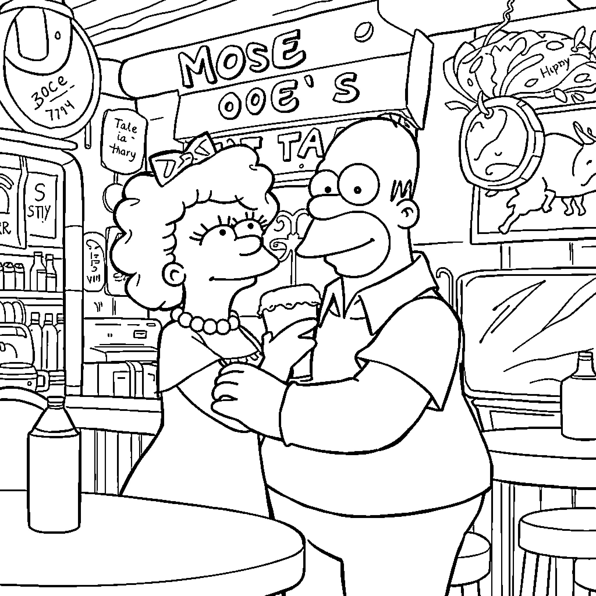 Marge Simpson and Homer at the Moe's Tavern Coloring Page (free black-and-white line drawing printable PDF for all, from beginners to advanced learners, including children, teens, adults, and seniors)
