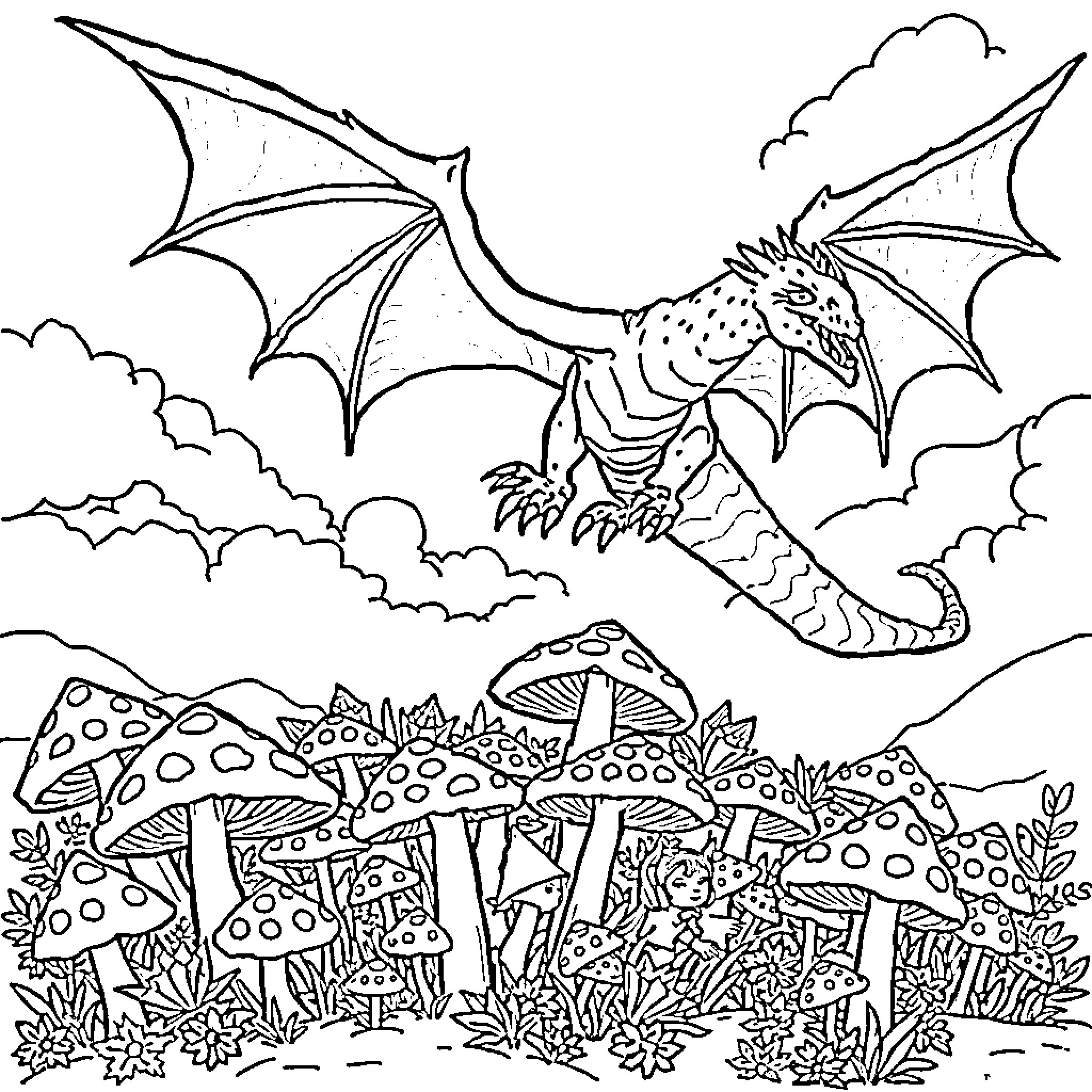 Dragon soaring through the cloudy sky Coloring Page (free black-and-white line drawing printable PDF for all, from beginners to advanced learners, including children, teens, adults, and seniors)