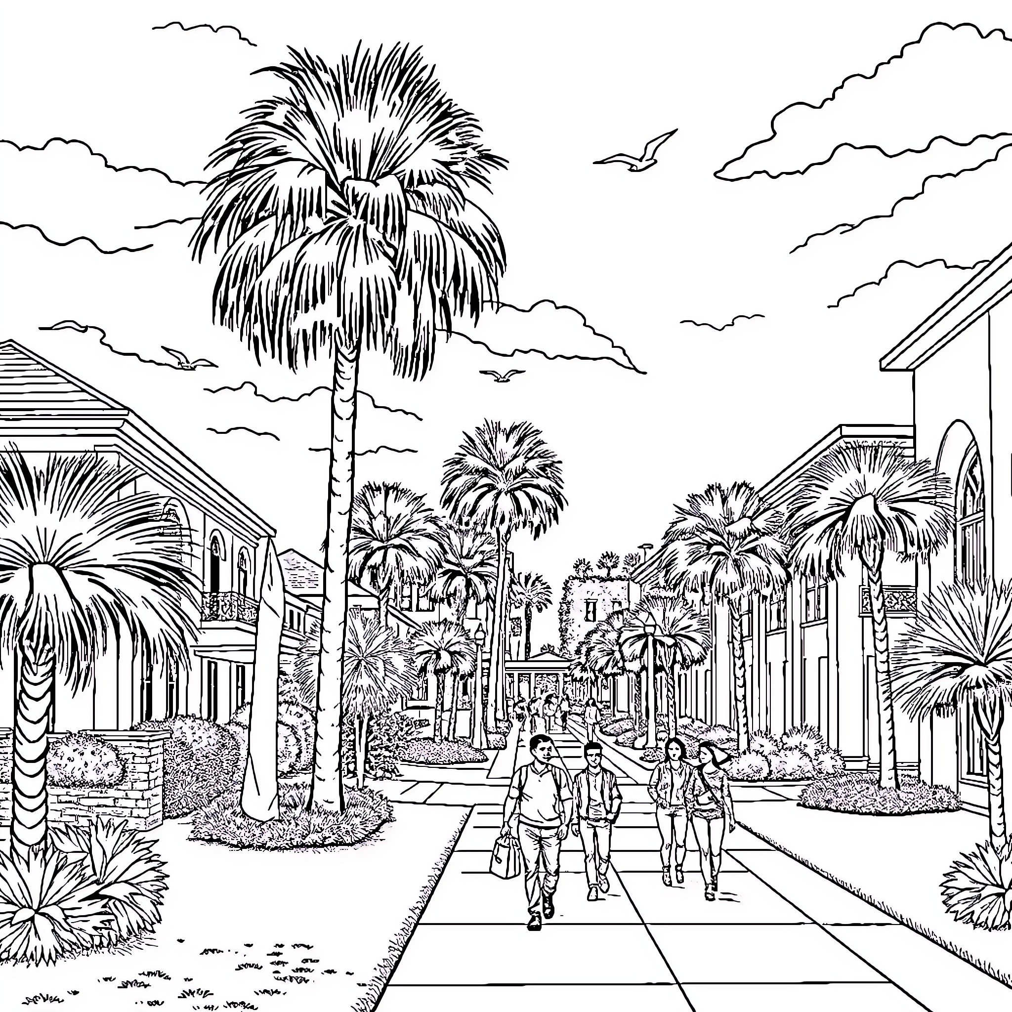 Coastal Carolina coastal town scene with palm trees Coloring Page (free black-and-white line drawing printable PDF for all, from beginners to advanced learners, including children, teens, adults, and seniors)