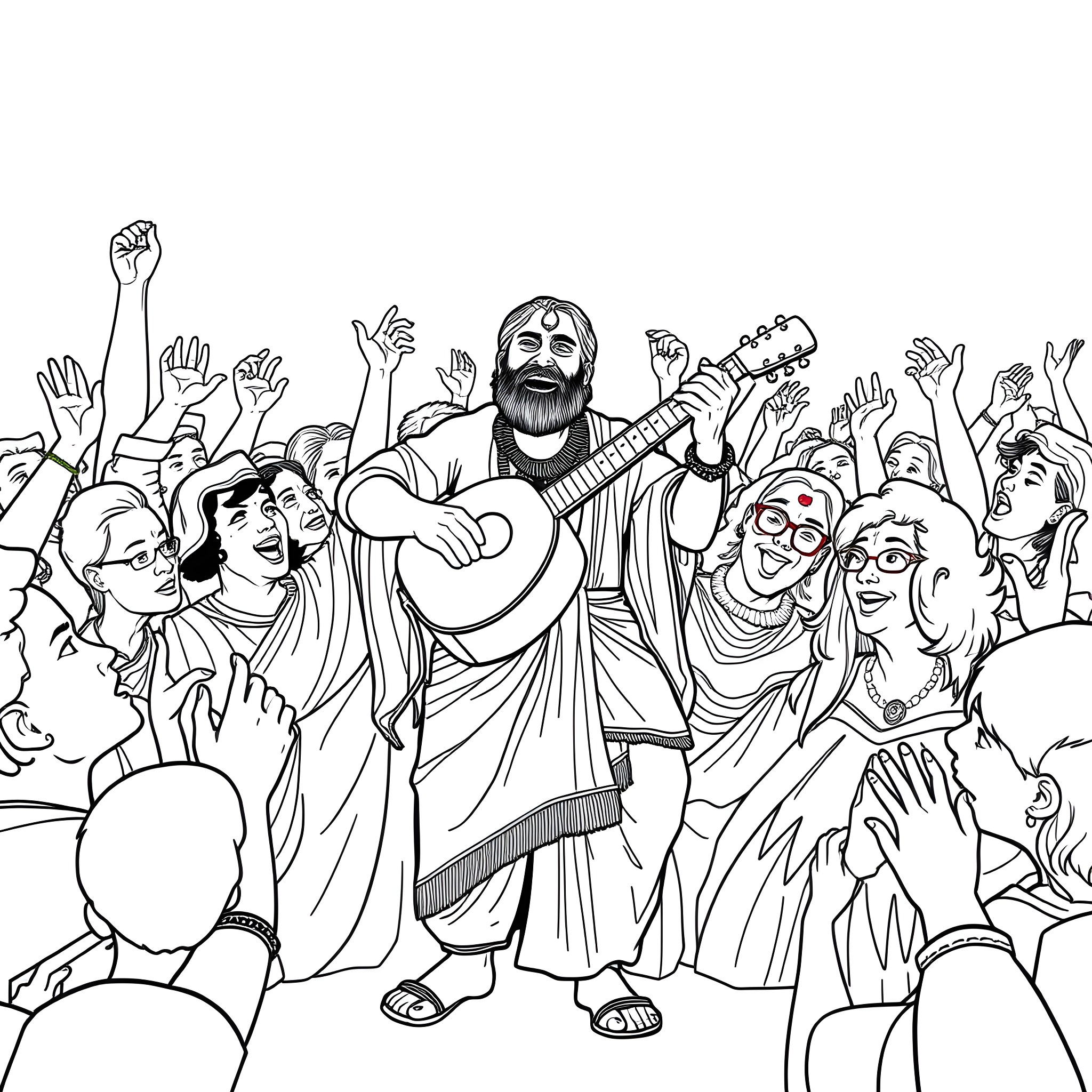 Chamkila - Lively musical performance with crowd Coloring Page (free black-and-white line drawing printable PDF for all, from beginners to advanced learners, including children, teens, adults, and seniors)