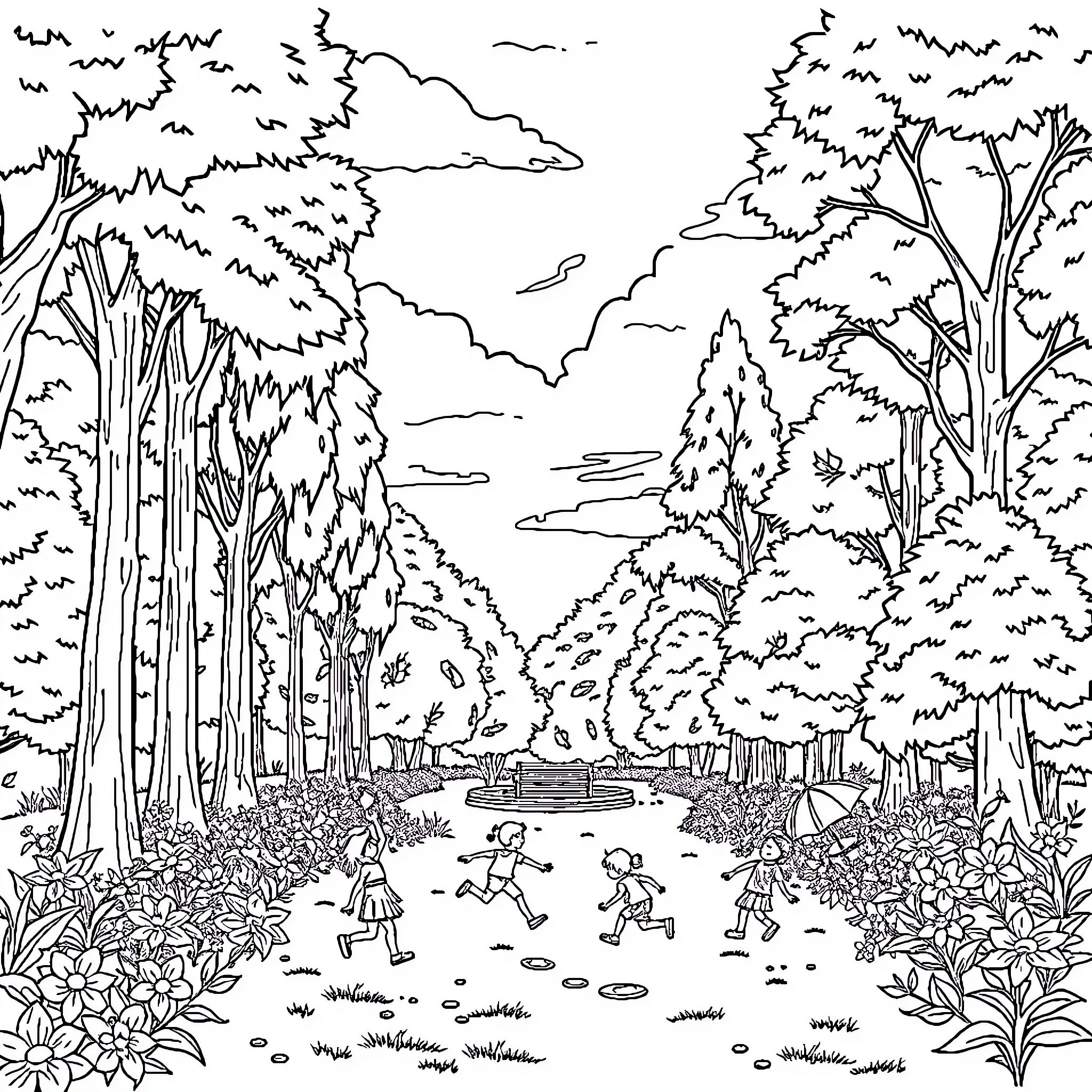 Park Scene with Children Playing in Nature Coloring Page (free black-and-white line drawing printable PDF for all, from beginners to advanced learners, including children, teens, adults, and seniors)