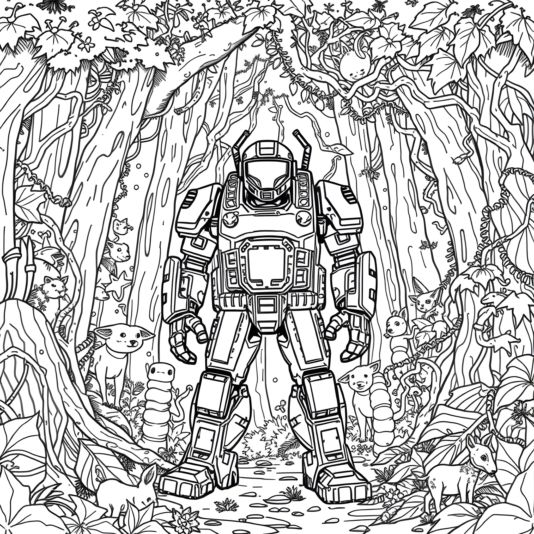 Robot explorer navigating through a lush jungle Coloring Page (free black-and-white line drawing printable PDF for all, from beginners to advanced learners, including children, teens, adults, and seniors)